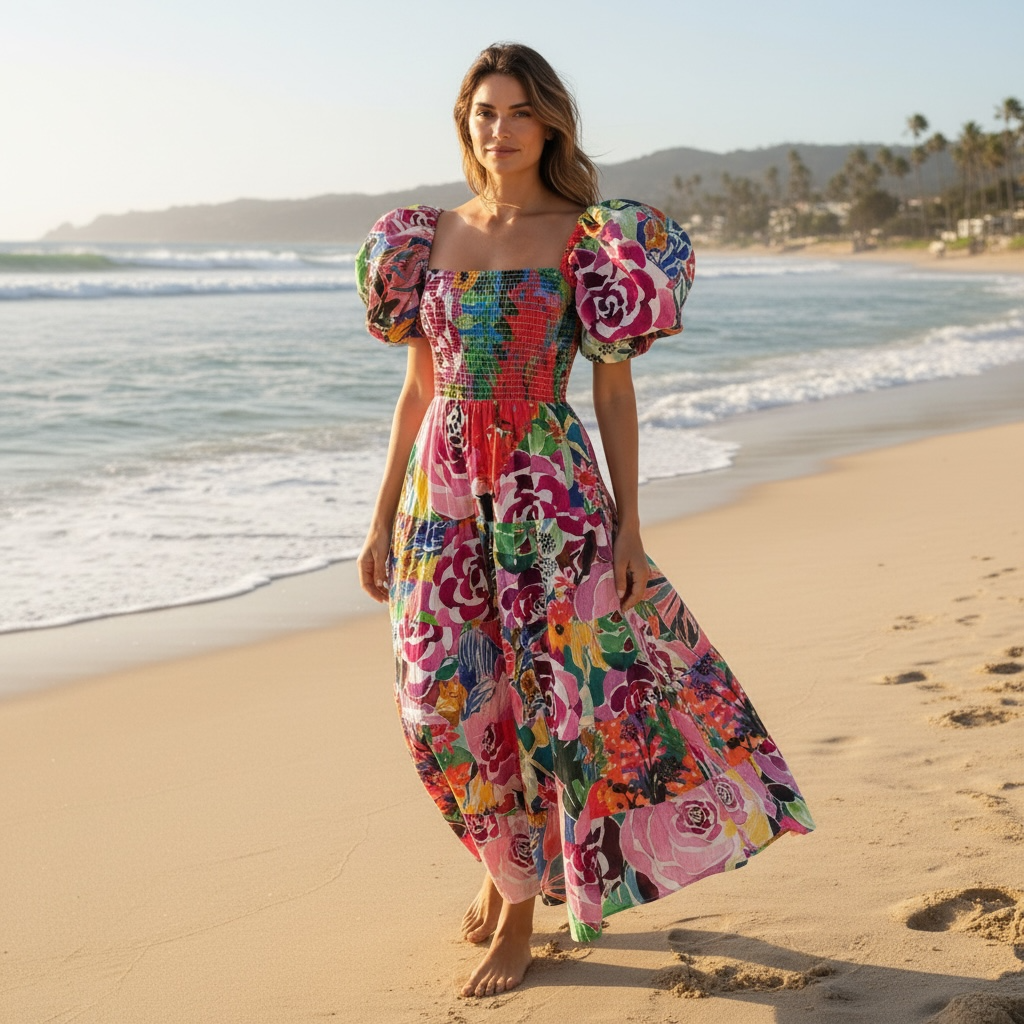 Side angle of the Abby Dress in Floral Coral highlighting the feminine silhouette and vibrant artistic flower print