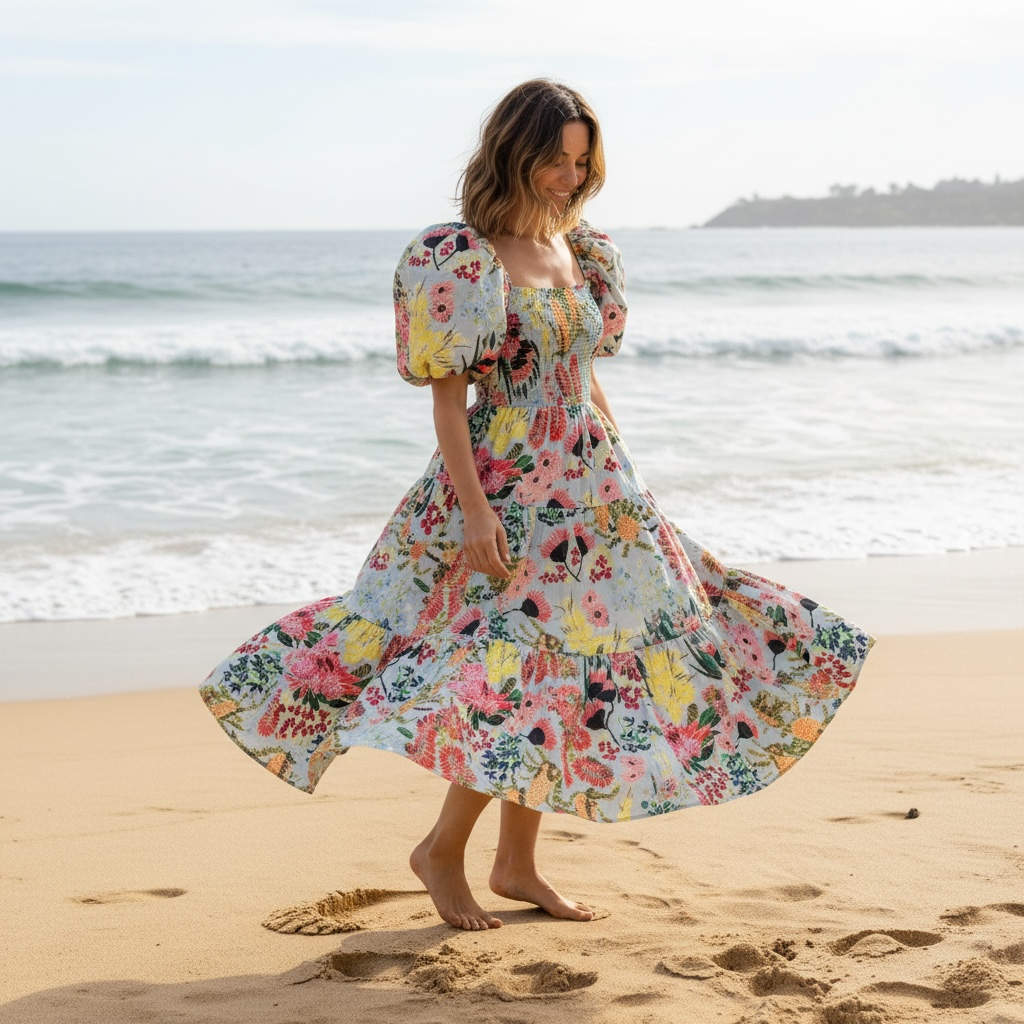 Abby Dress captured in movement, showcasing the flowy cotton, expressive print, and art-inspired women’s fashion by Kerry Munns