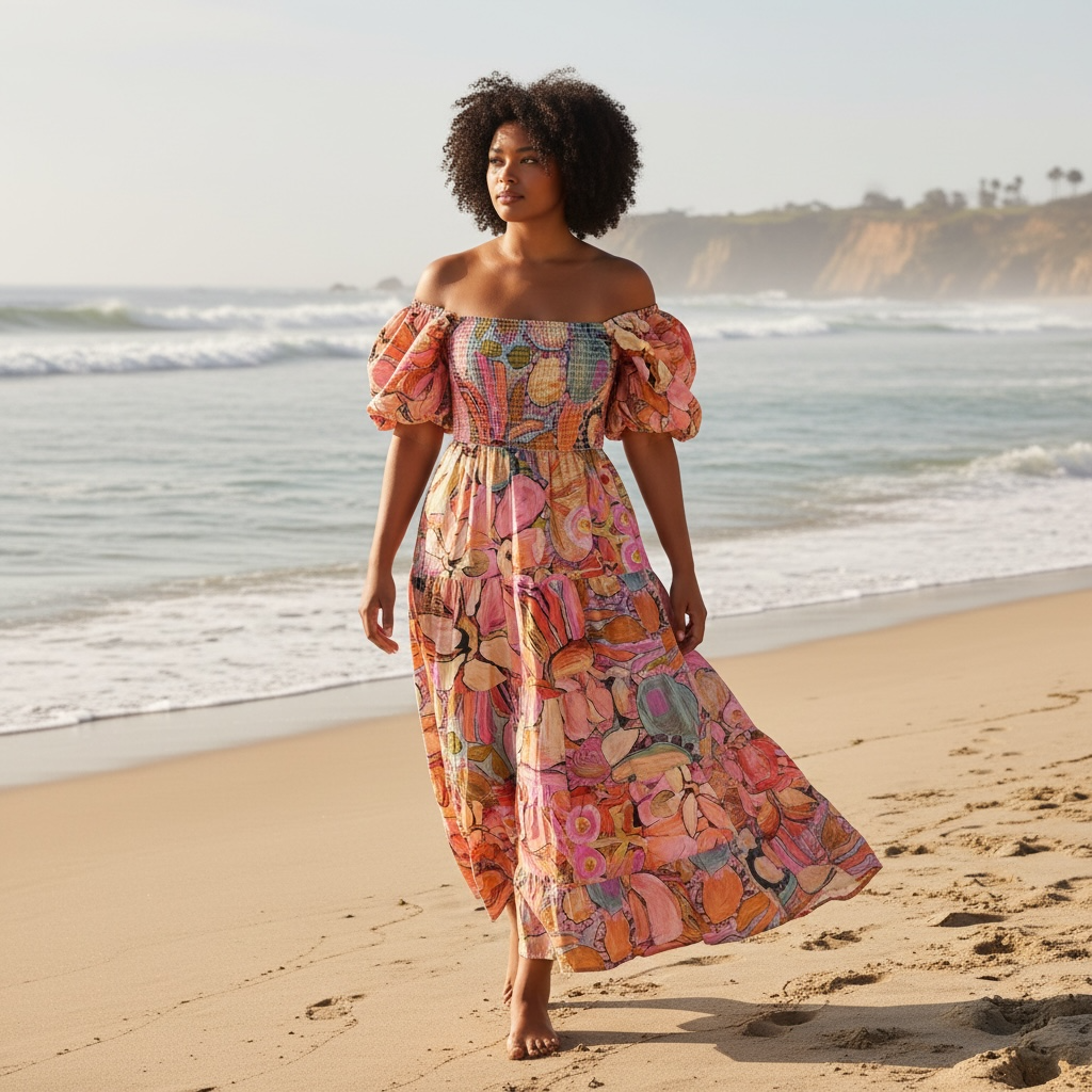 Abby Dress in Perfectly Peach by Kerry Munns Artlife — wearable art linen dress featuring soft peach florals created from original hand-painted artwork