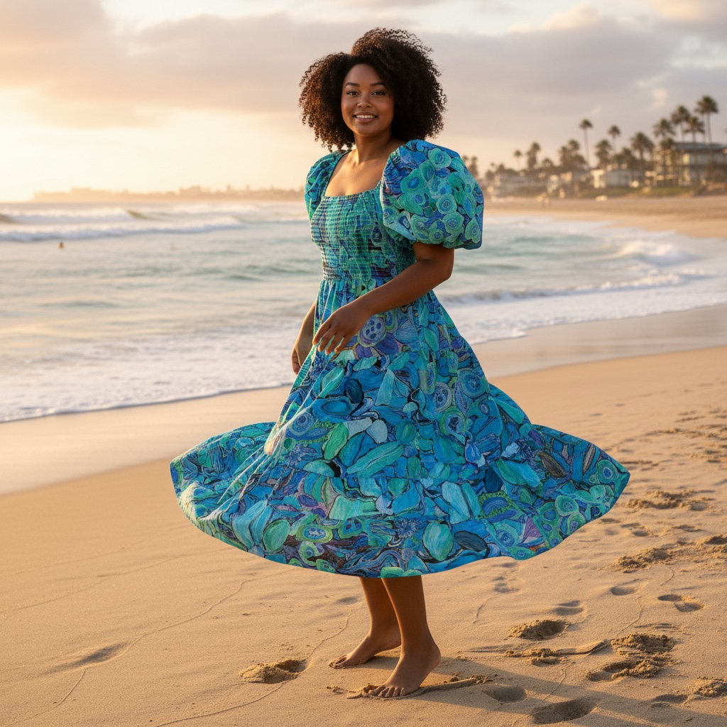 Abby Dress side profile showcasing Kerry Munns’ original artwork printed on sustainable linen, blending comfort, turquoise colour, and expressive wearable art