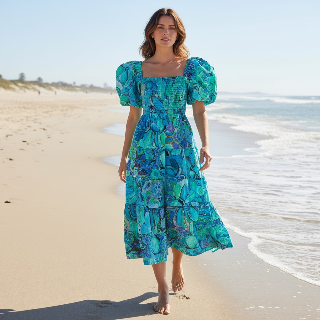 Model wearing the Abby Dress outdoors, highlighting the joyful colours and sustainable wearable art design by Kerry Munns Artlife.”