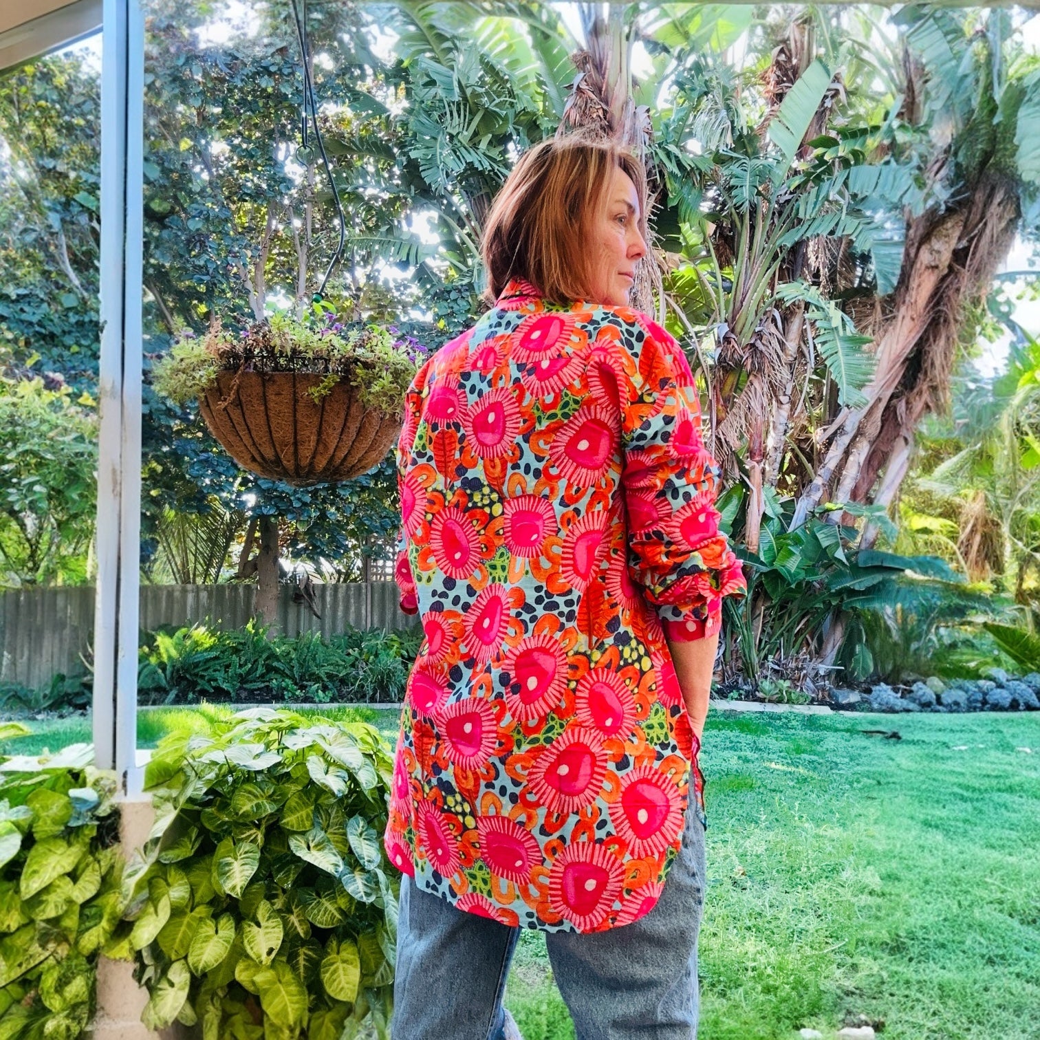 Ocean and earth-inspired abstract print shirt in breathable linen – original wearable art design