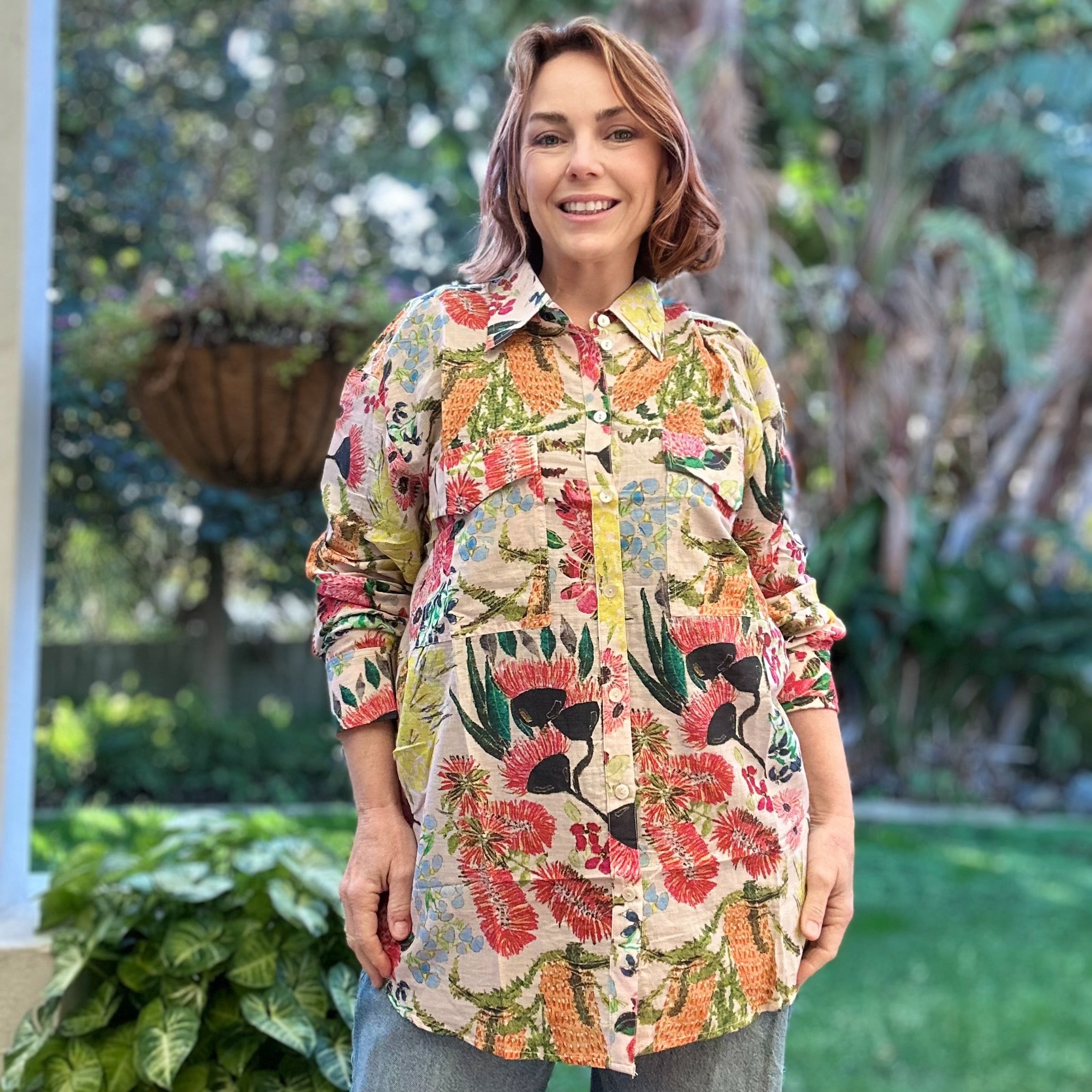 Maxi length linen shirt featuring abstract painted print – women’s wearable art fashion