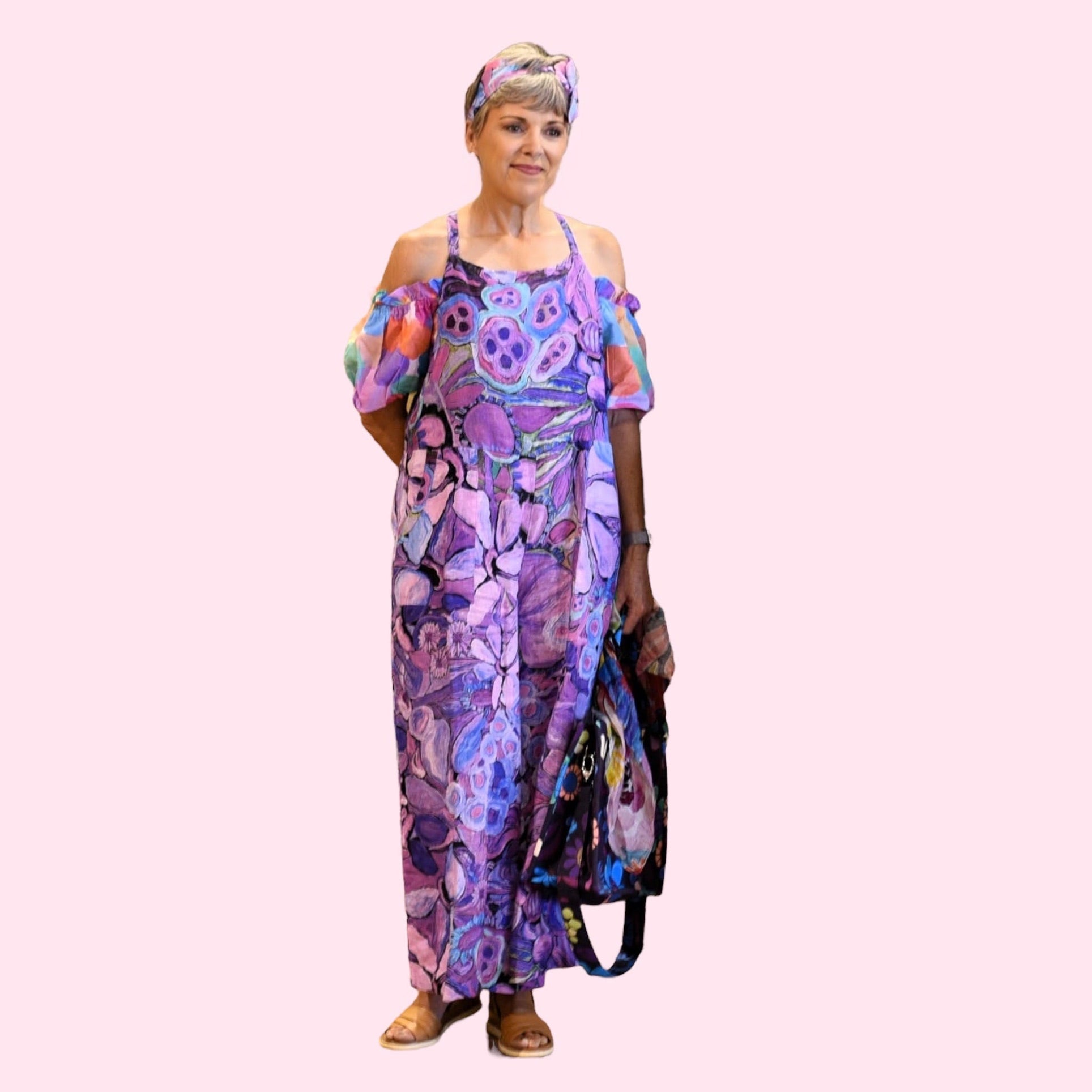 Abstract wearable art jumpsuit in warm earthy tones, part of the Kerry Munns women's clothing collection, plus size