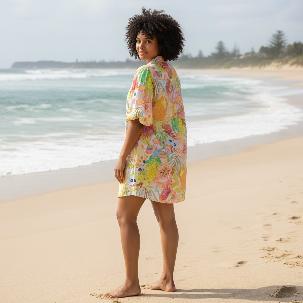 Back view of the Amber Dress in cotton showcasing the relaxed silhouette and eco-friendly artist-printed cotton fabric