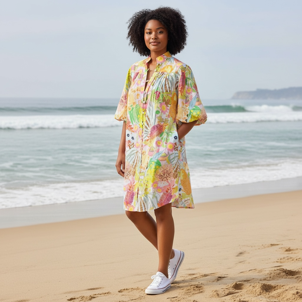 Side angle of the cotton Amber Dress highlighting its flattering shape and vibrant artwork created by Kerry Munns