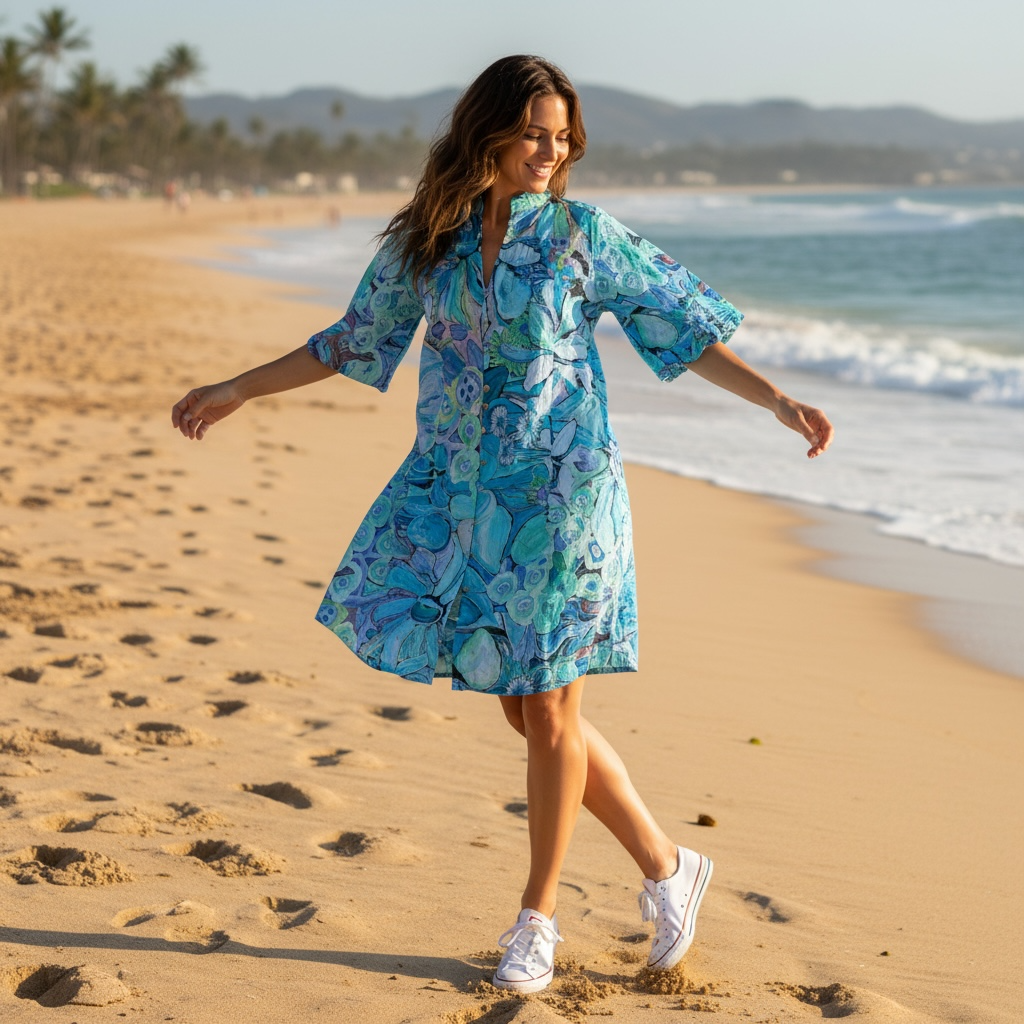 Amber Dress in Perfectly Turquoise captured in movement showing flowy cotton fabric and lively turquoise florals