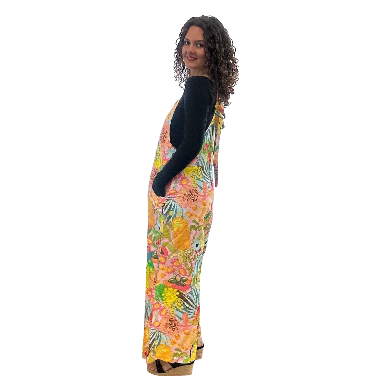 Wearable art jumpsuit in an intuitive expressionist style, designed for bold women's fashion.