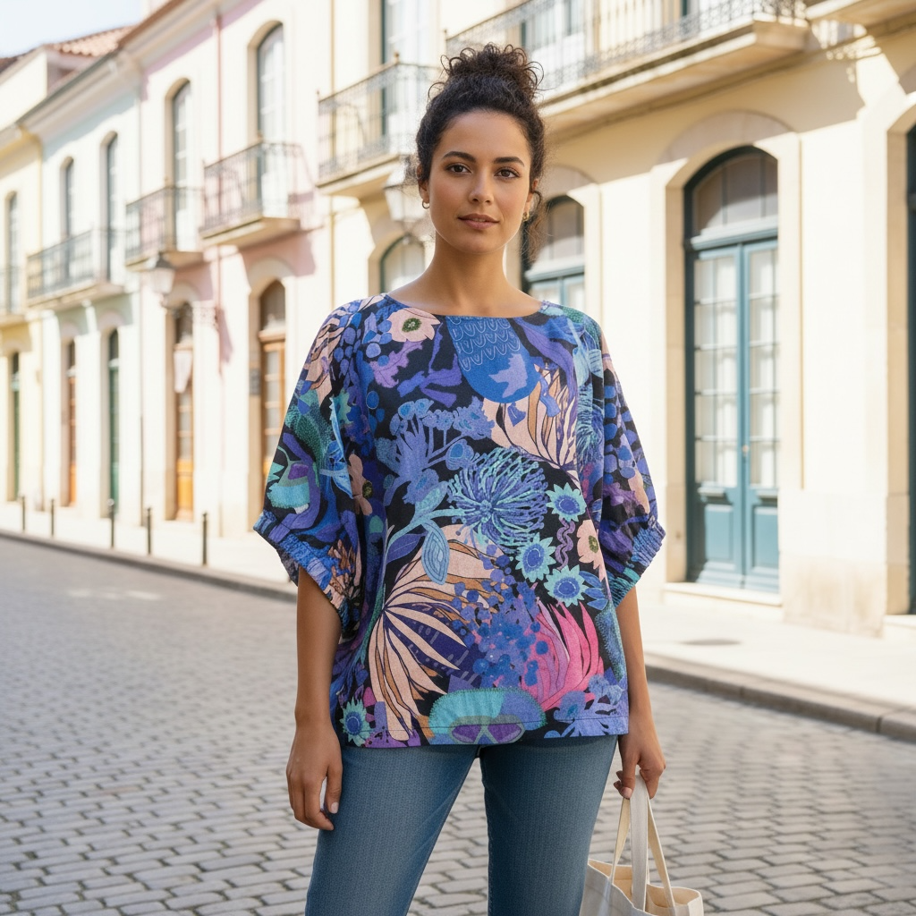 Artistic floral linen top for women inspired by original painting