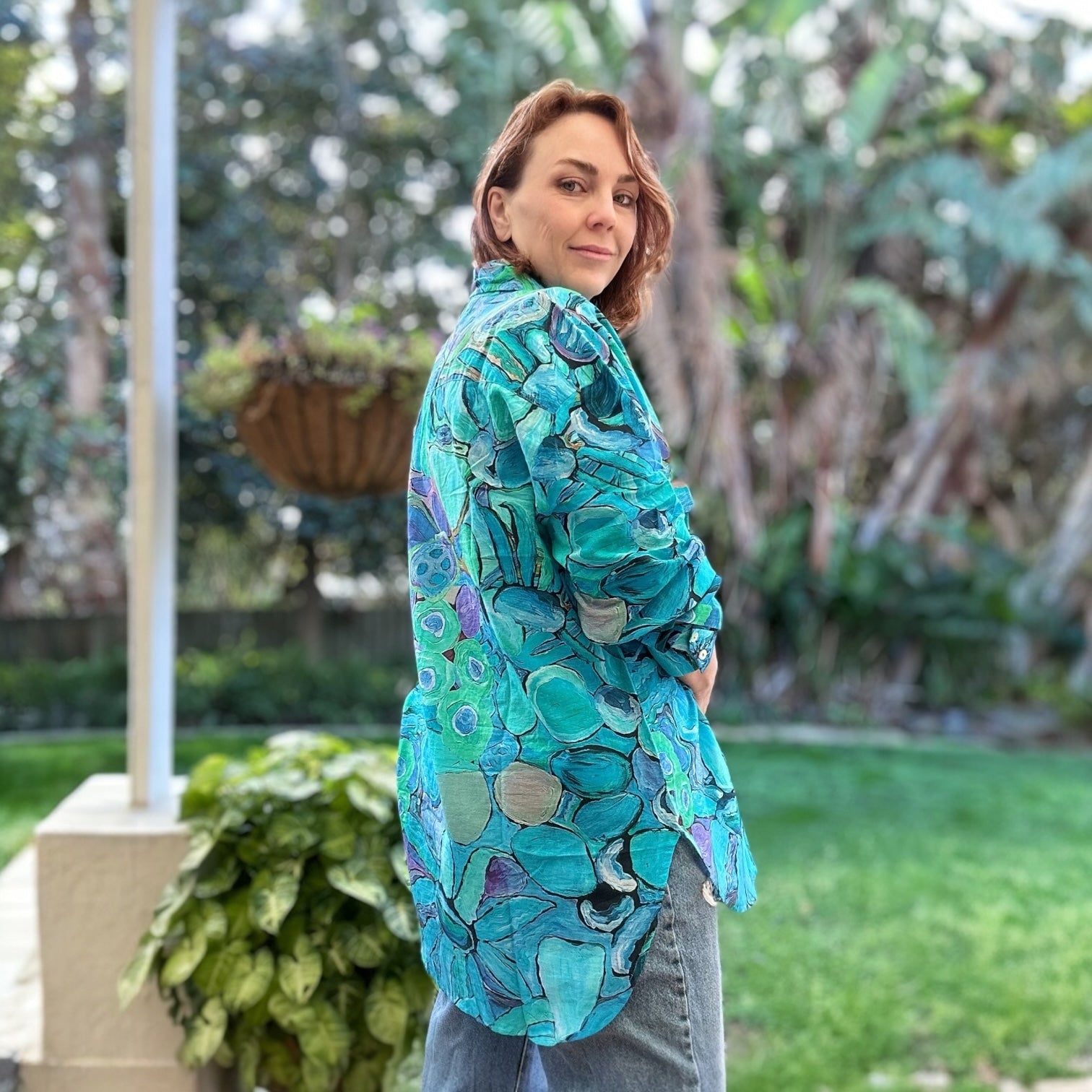 Bold brushstroke shirt in vibrant  blue hues – a signature Kerry Munns wearable art design