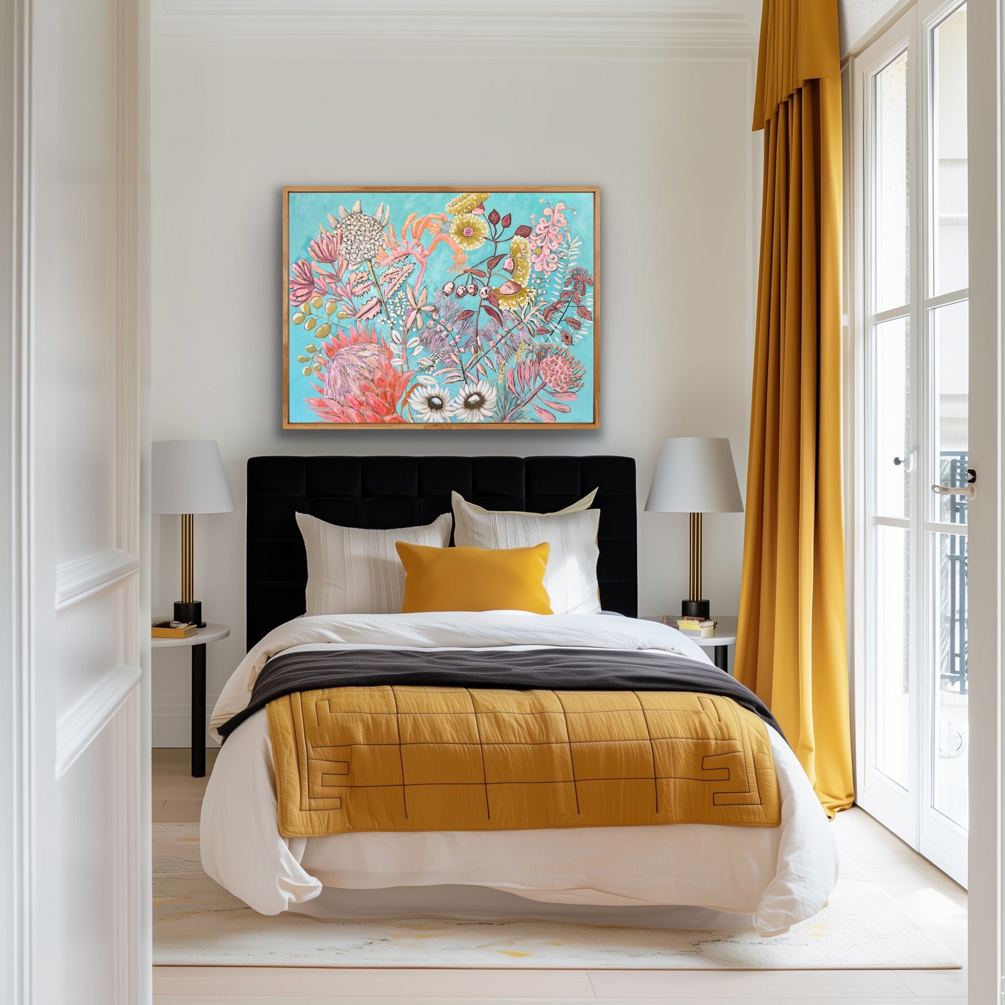 Colourful Australian wildflower artwork in acrylic hang on wall – painted by Kerry Munns