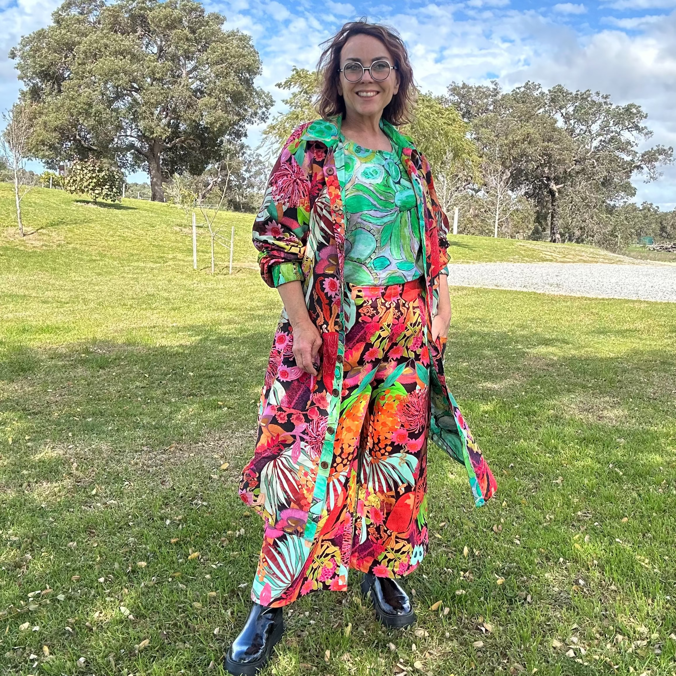australian wildflowers on wearable art cotton coat dress reversible with green apple