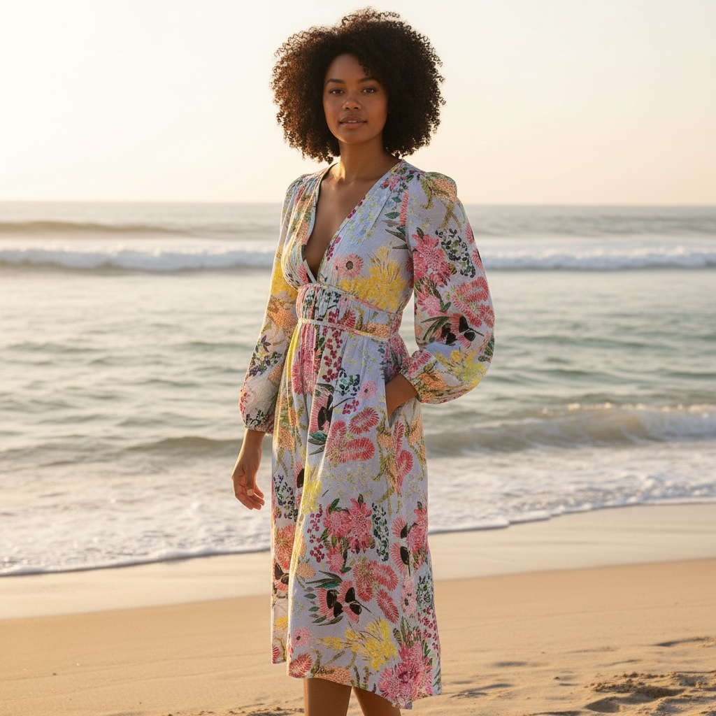 Bianca Dress in Wildflowers Spring Fling Storm photographed outdoors showcasing the lively, stormy wildflower artwork