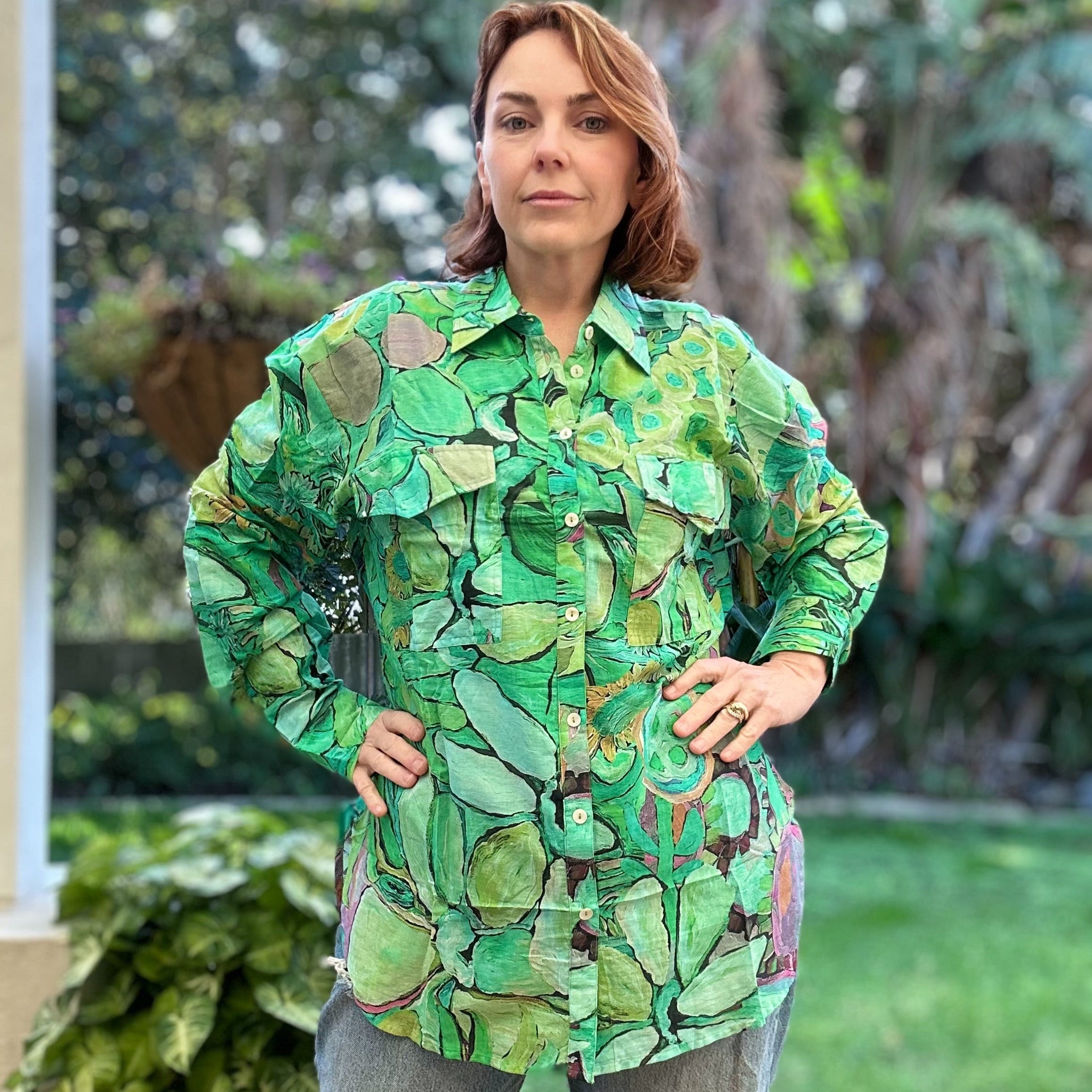 Bohemian-style linen shirt with hand-painted earthy floral design – wearable art by Kerry Munns