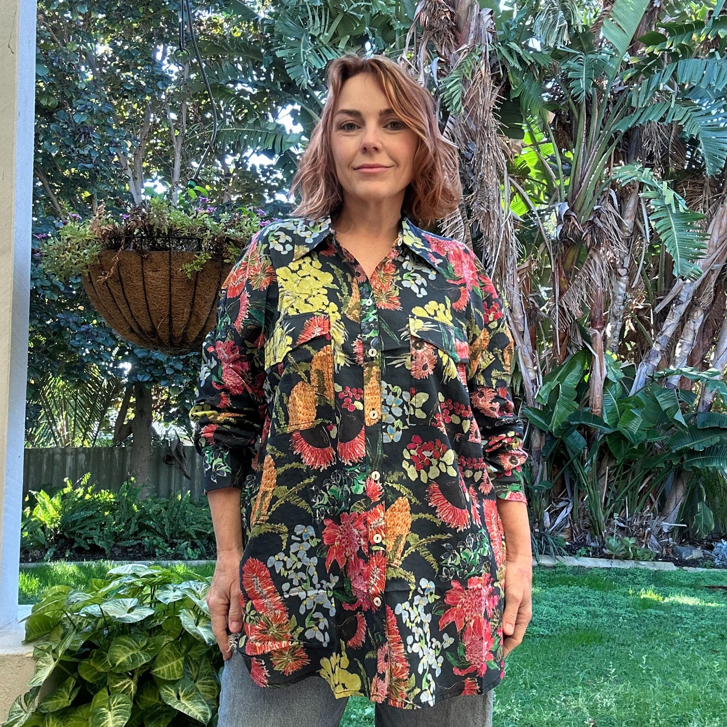 Bohemian-style wearable art maxi shirt with native bush pattern – original design by Kerry Munns