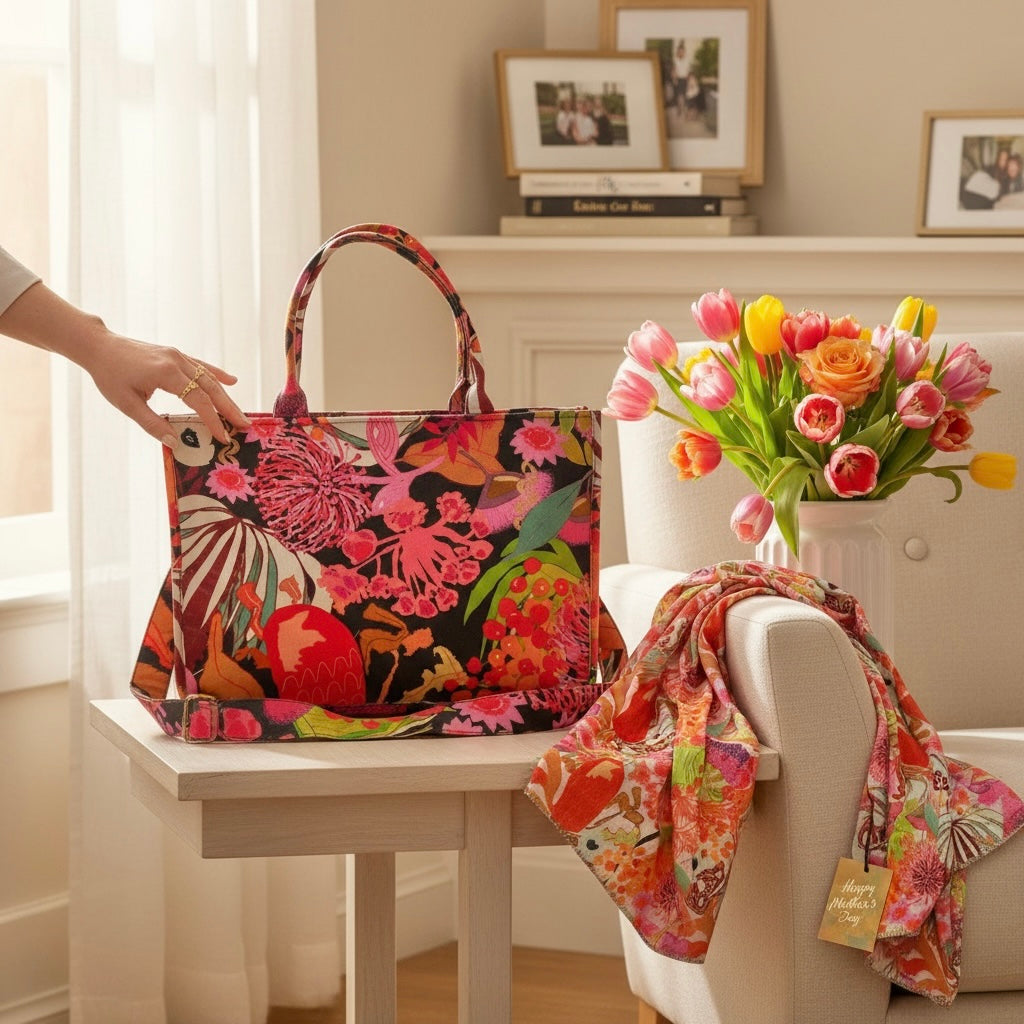 Bold Australian wildflowers wearable art handbag featuring vibrant pink and red botanical artwork