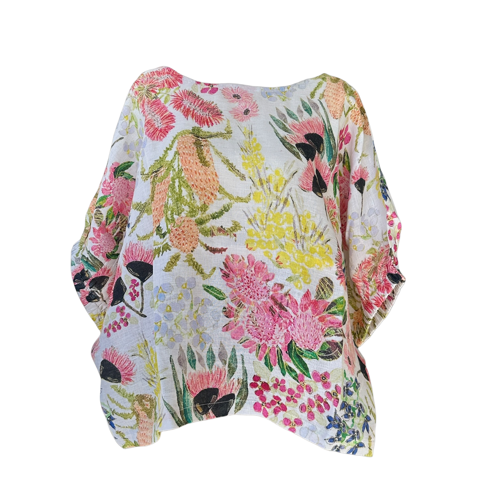 Women's wearable art linen blouse with Australian wildflower botanical print design