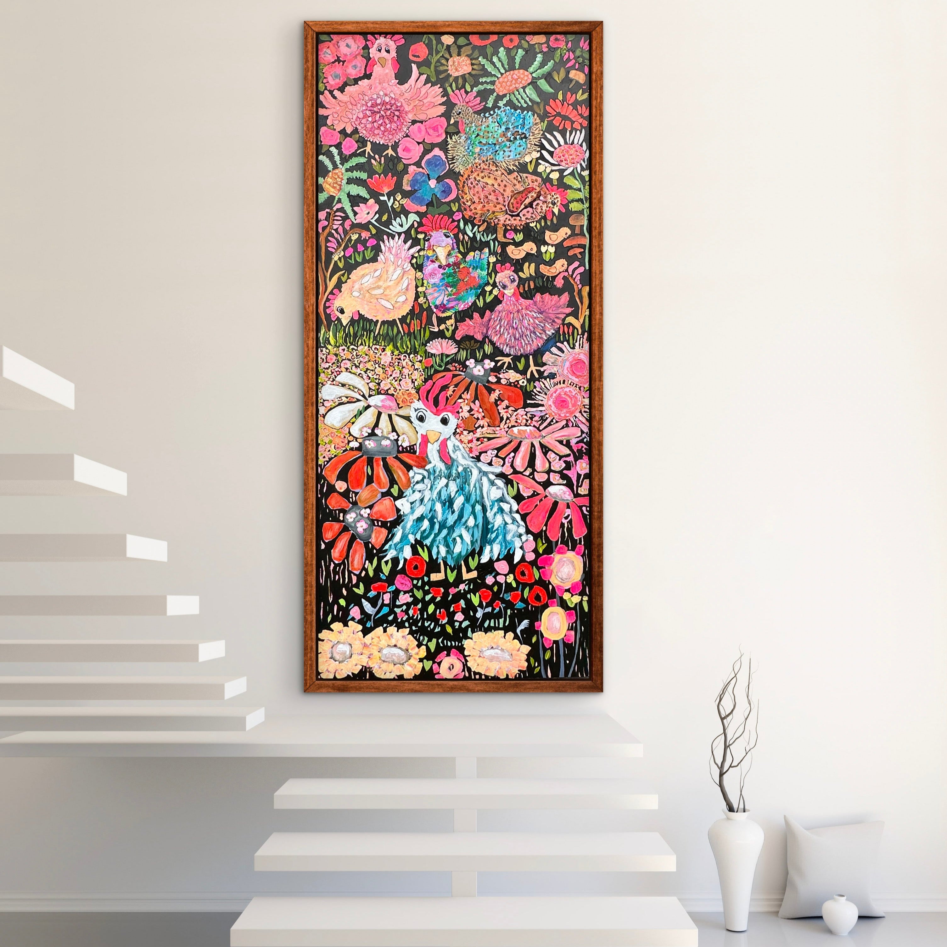 Chickens Gone Wild mixed media painting by Kerry Munns featuring lively abstract chickens in bold colours