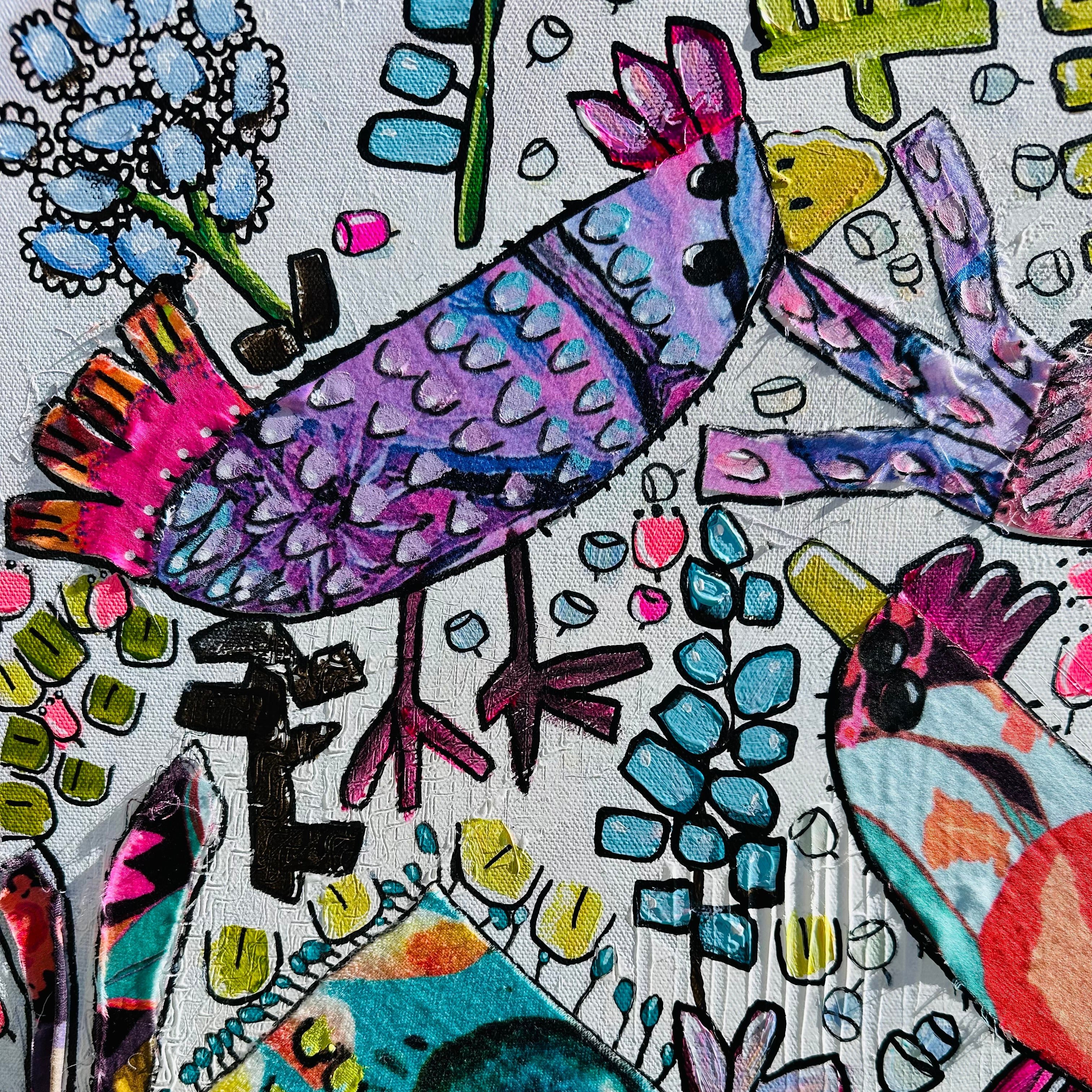 Colorful abstract design with birds and flowers on a textured background