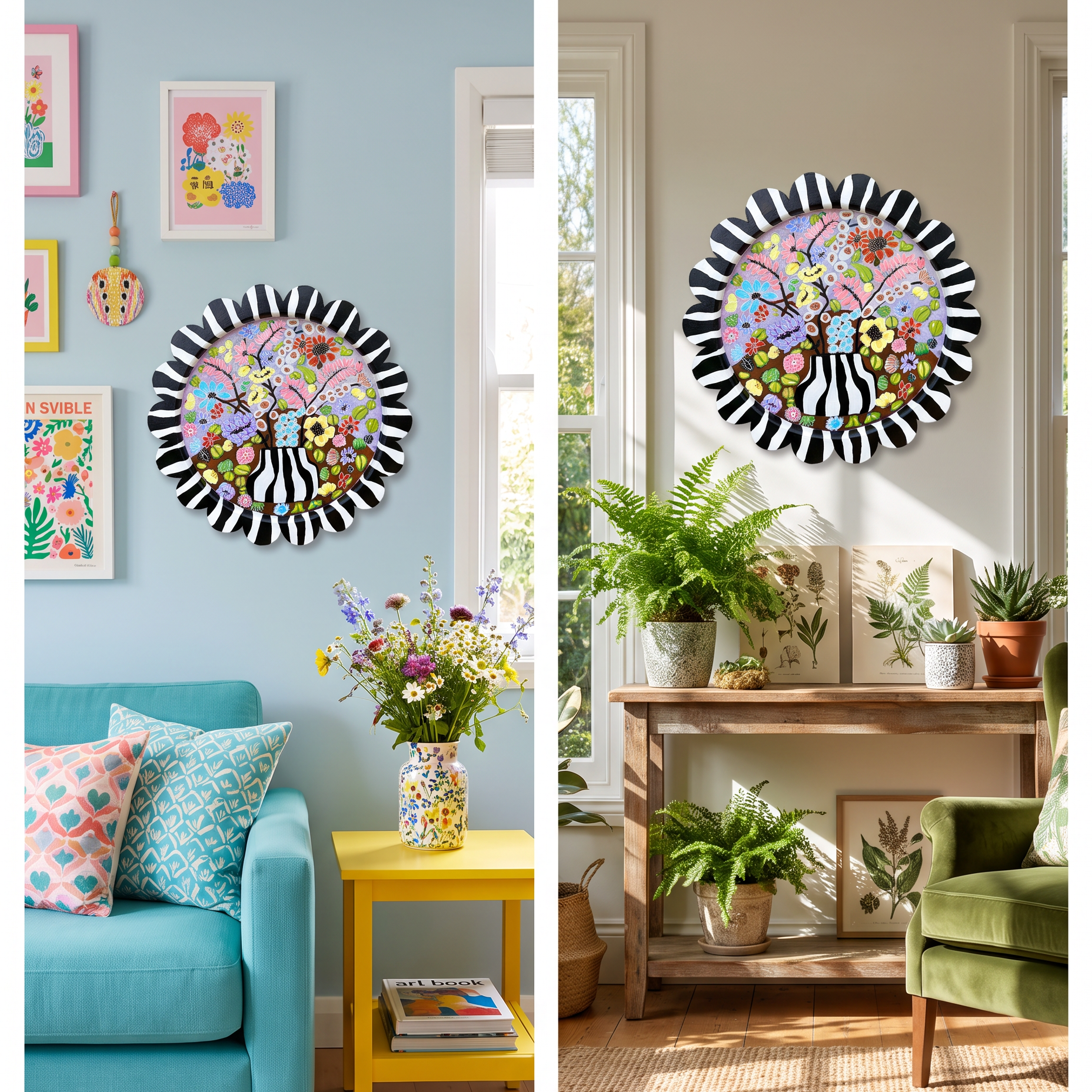 Angled view of a colourful floral acrylic painting on wood with a bold striped flower-shaped frame