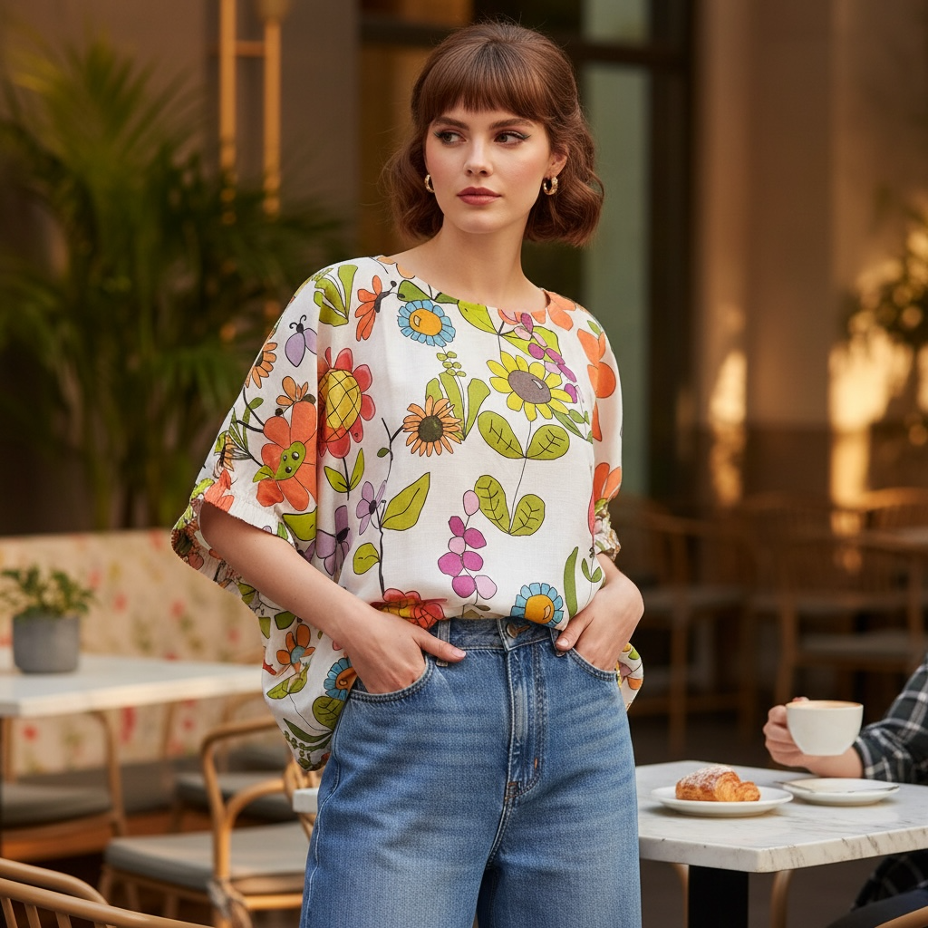 Artistic floral linen blouse with colourful illustrated flowers wearable art clothing Australia