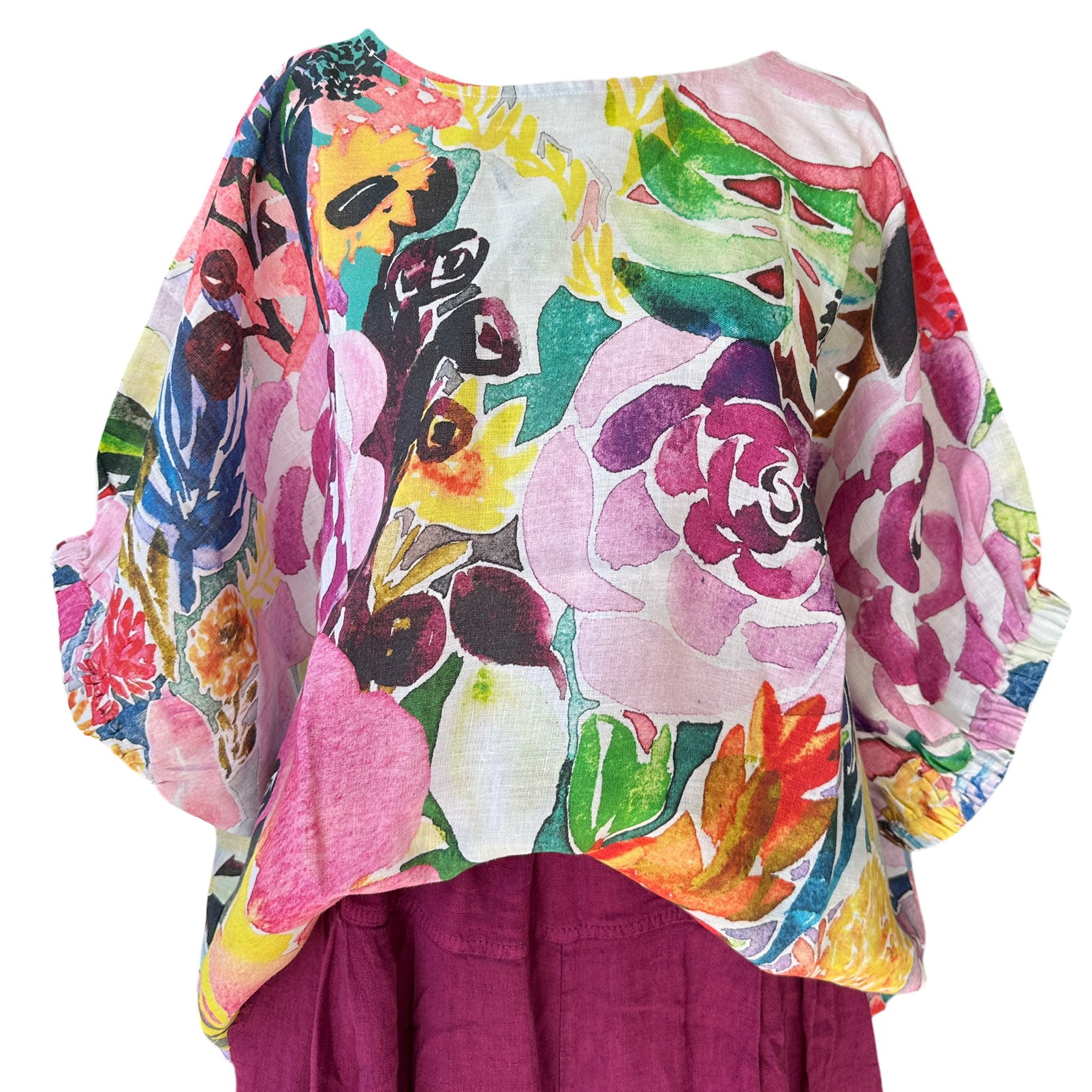 Artistic garden floral linen top made from breathable natural linen