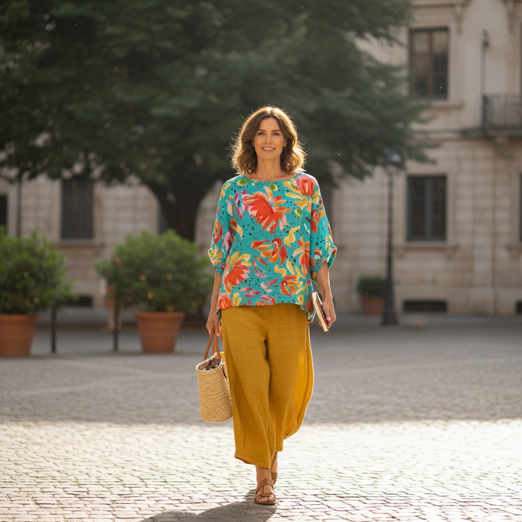 Artistic tropical print linen top for women made from breathable linen