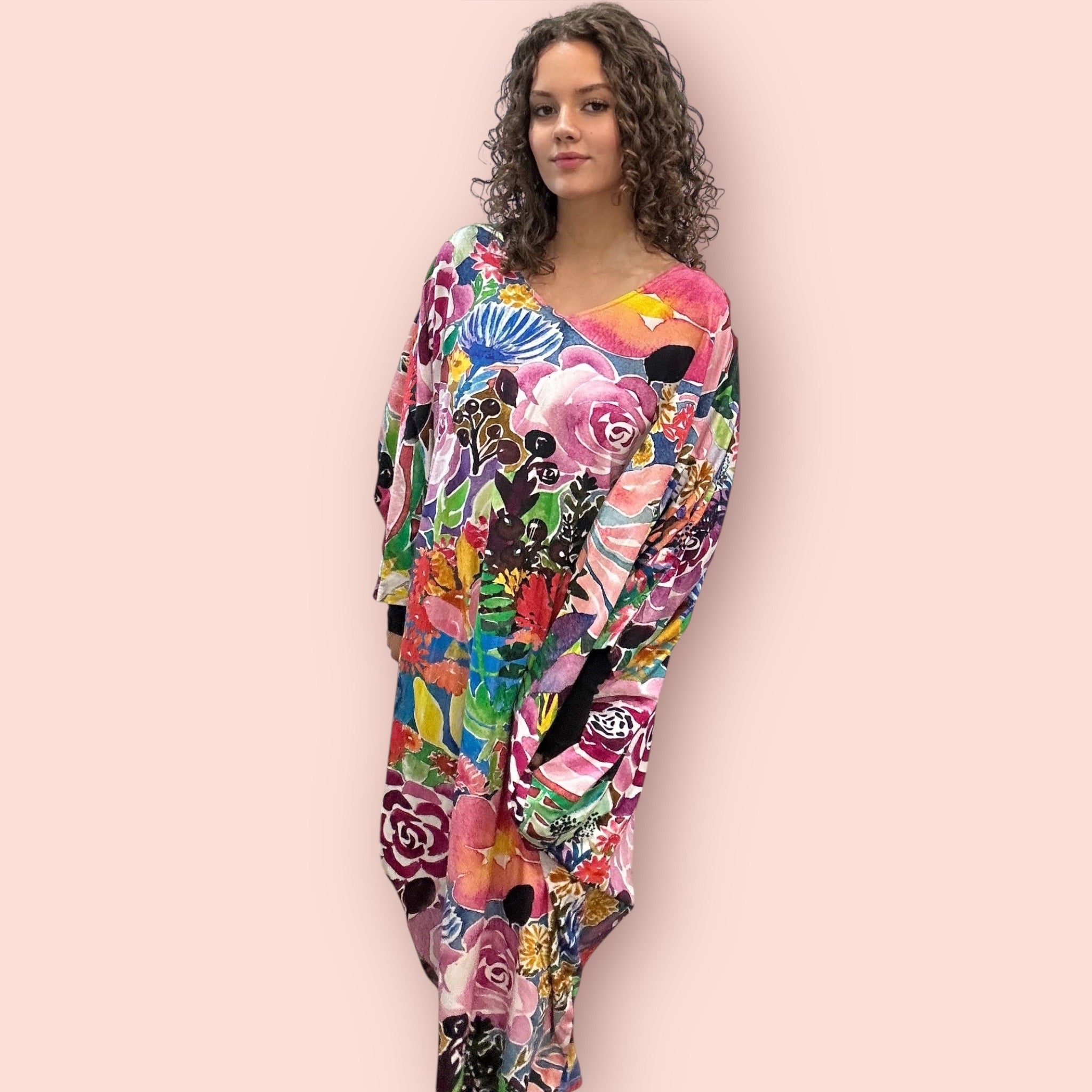 Plus size cotton dress with bold colour palette and artistic flair in watercolour
