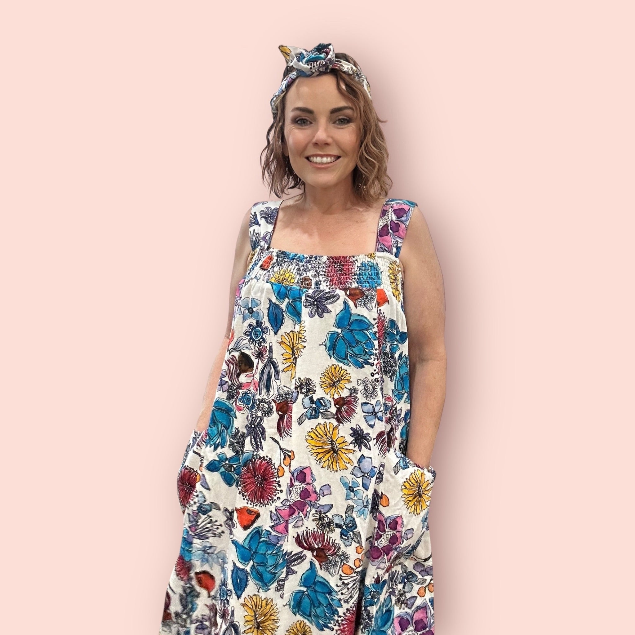 Vibrant earth-toned curvy linen shift dress with intuitive art print by Kerry Munns.