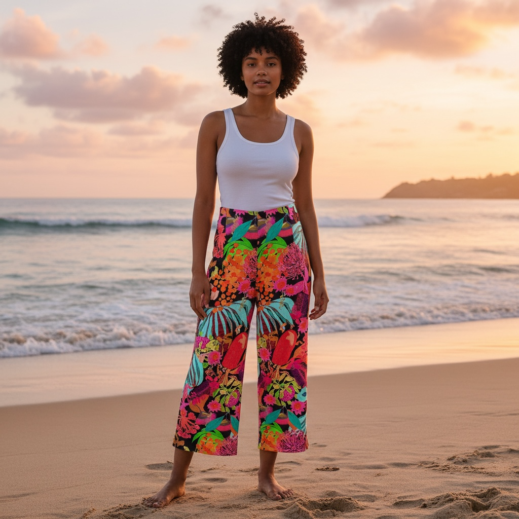 Woman standing on a beach wearing colourful floral denim pants featuring original artwork by Kerry Munns