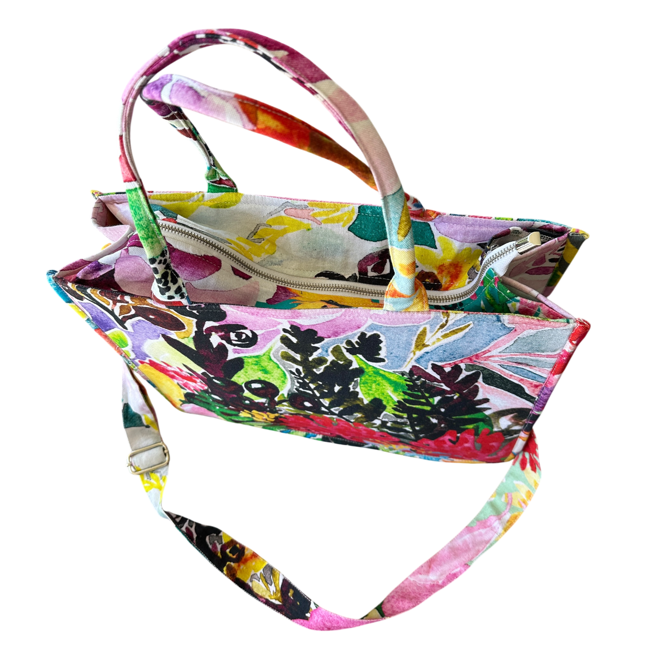 Designer floral art handbag by Kerry Munns Artlife featuring top zipper and painterly patterns.