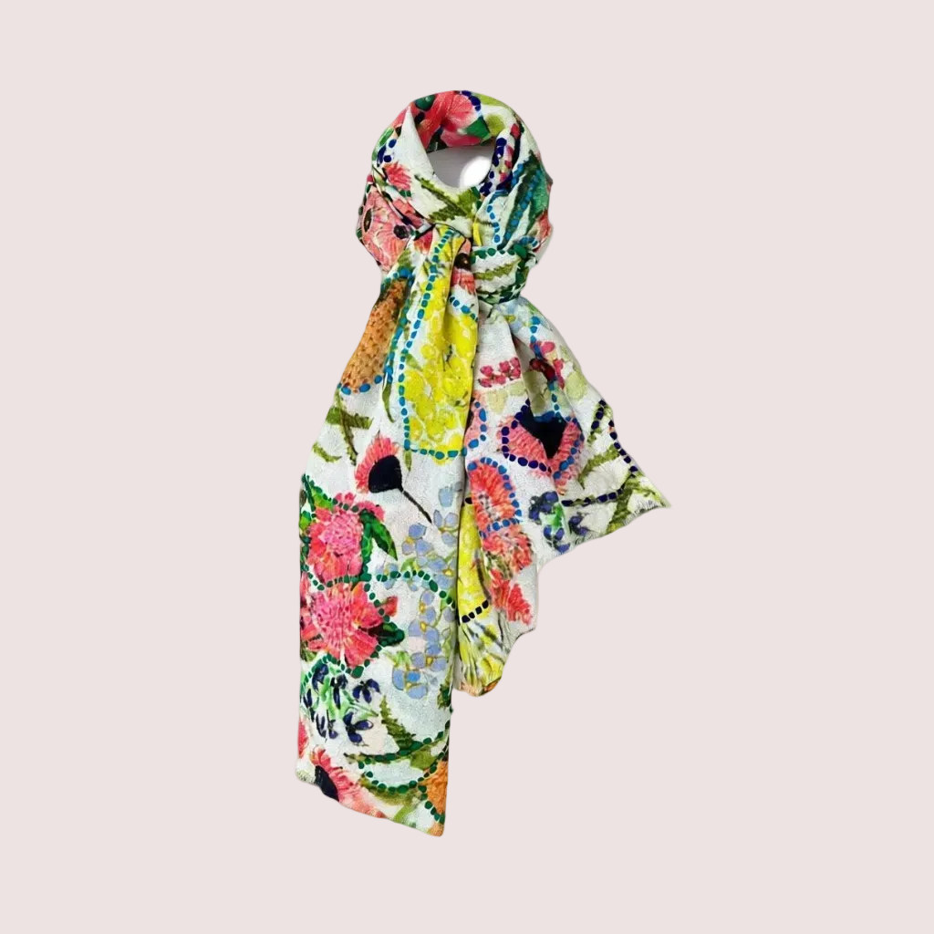 Colourful wildflowers floral woollen scarf on a white background