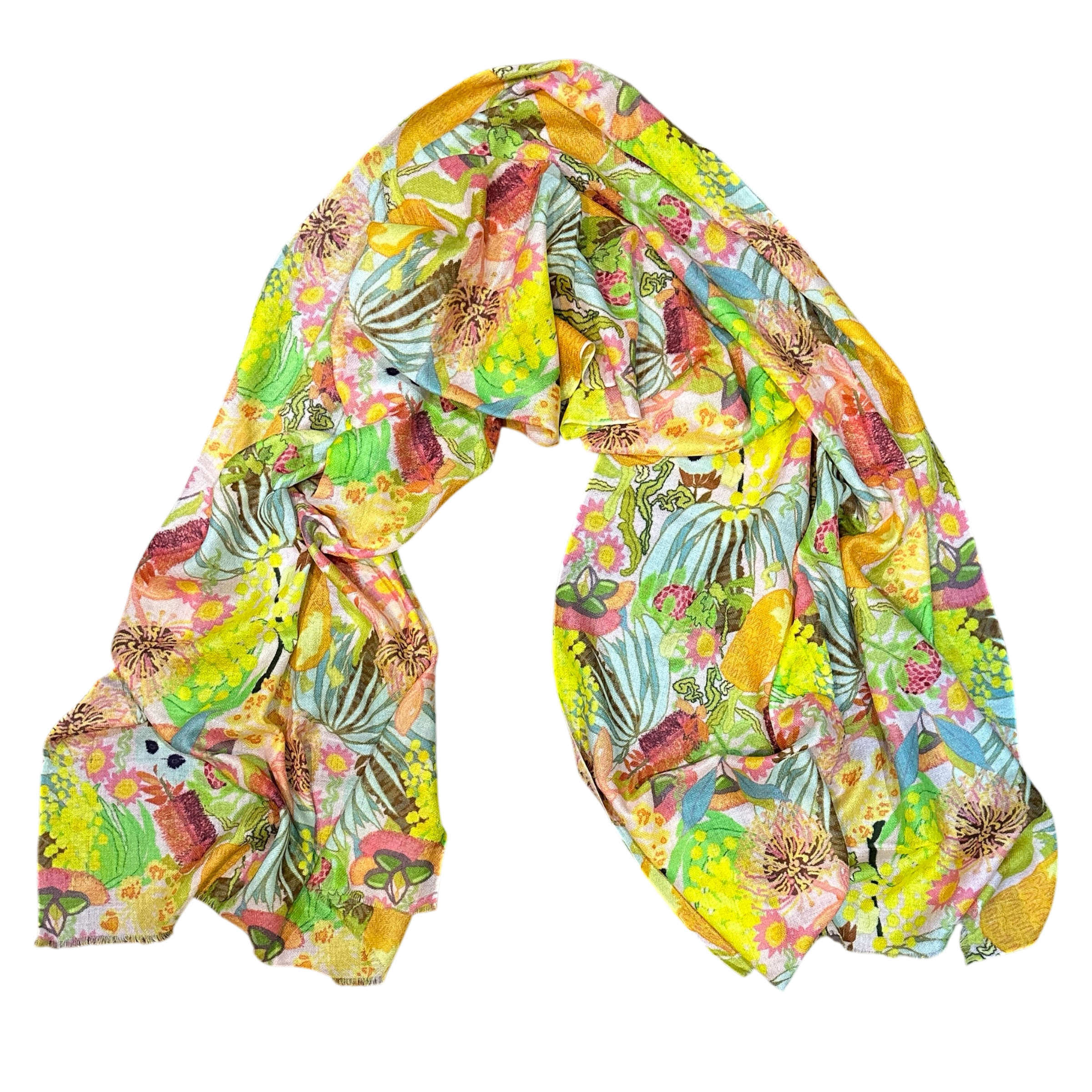 Colourful wildflower floral woollen scarf on a blush pink background