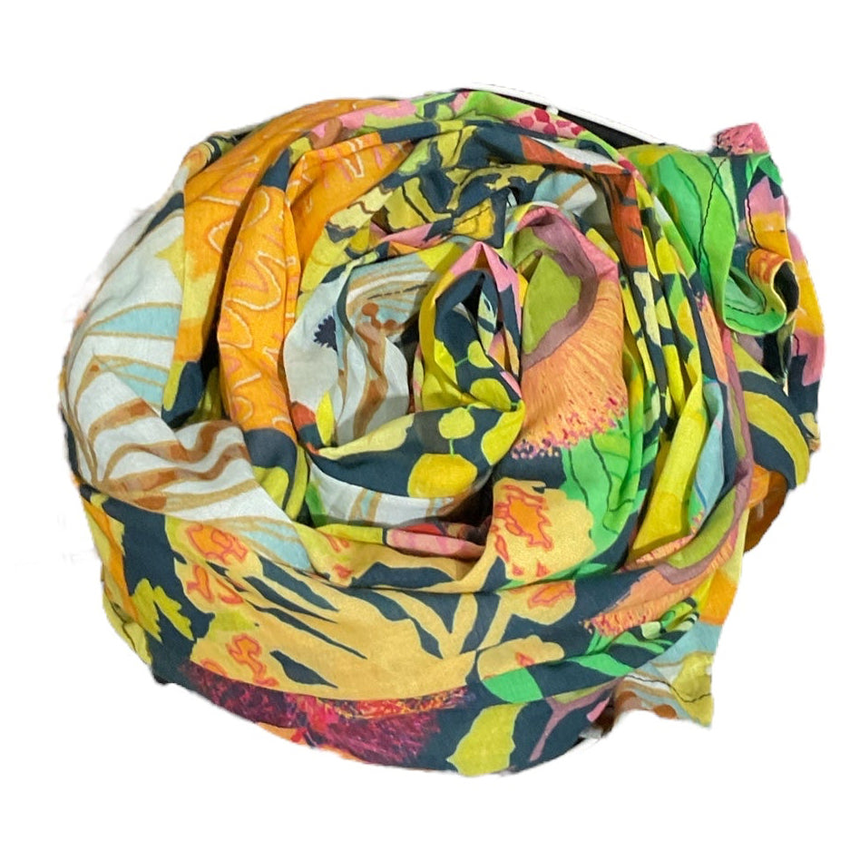 Floral eucalyptus print sarong in navy,orange,green and pink – feminine wearable art in natural