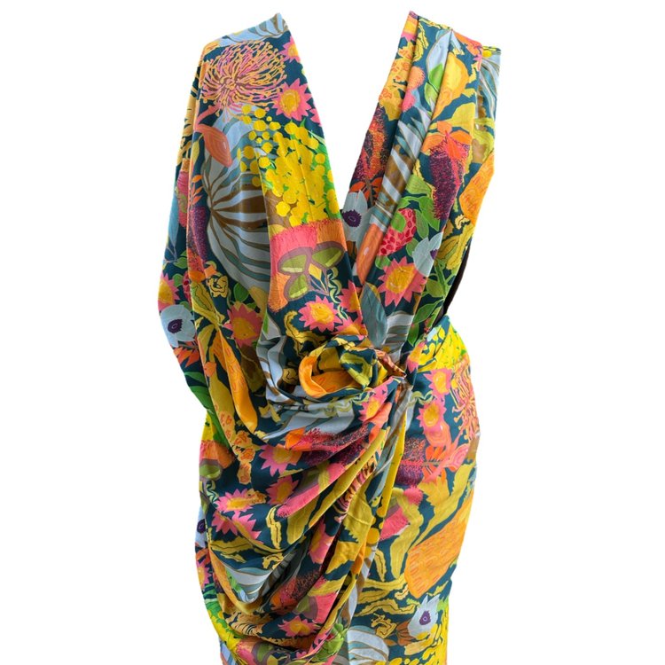 Hand-painted floral cotton fabric by Kerry Munns – wearable art fabric for women’s clothing, dresses, and artistic fashion.