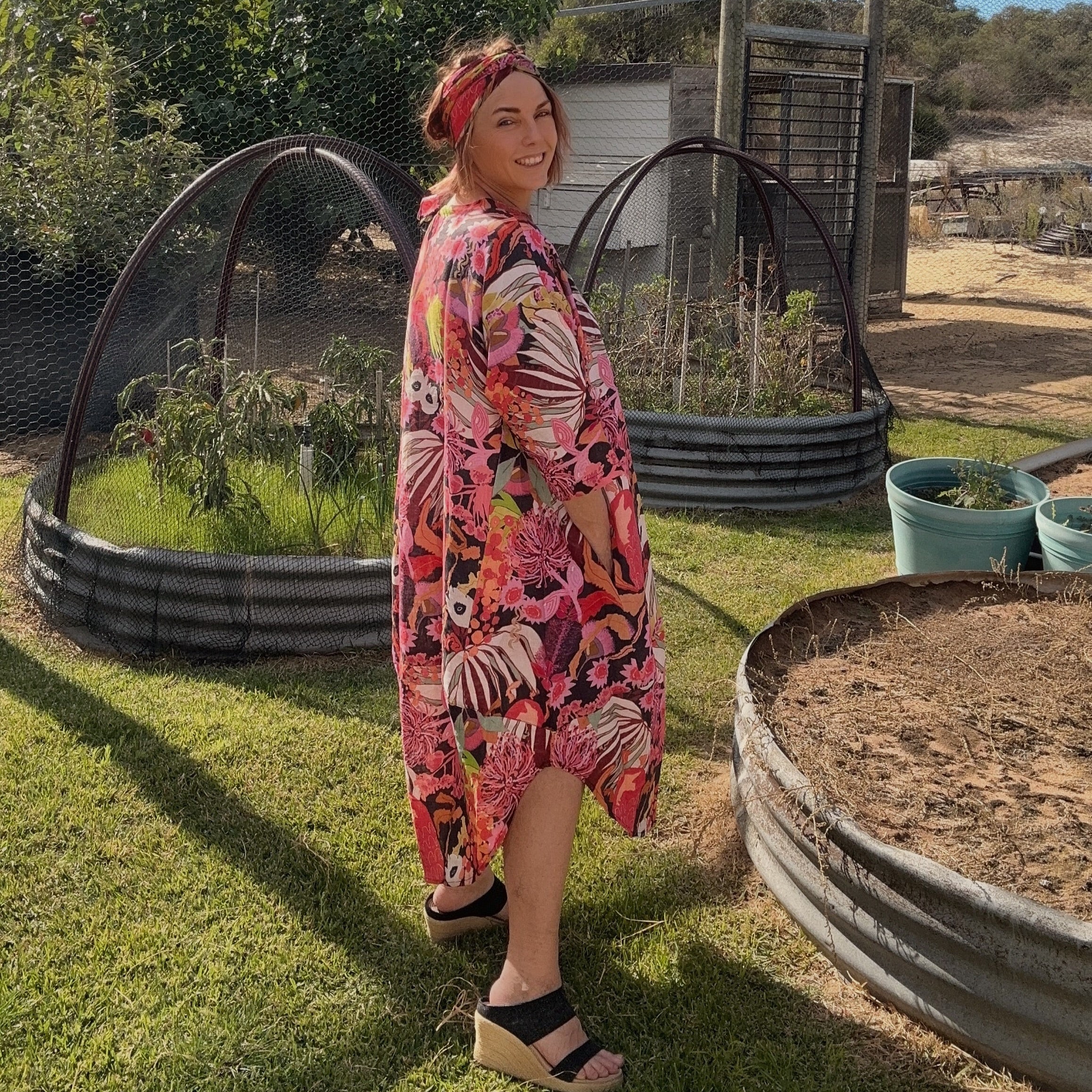 Lyla Linen - Bushfire Cherryripe - Floral Linen Dress