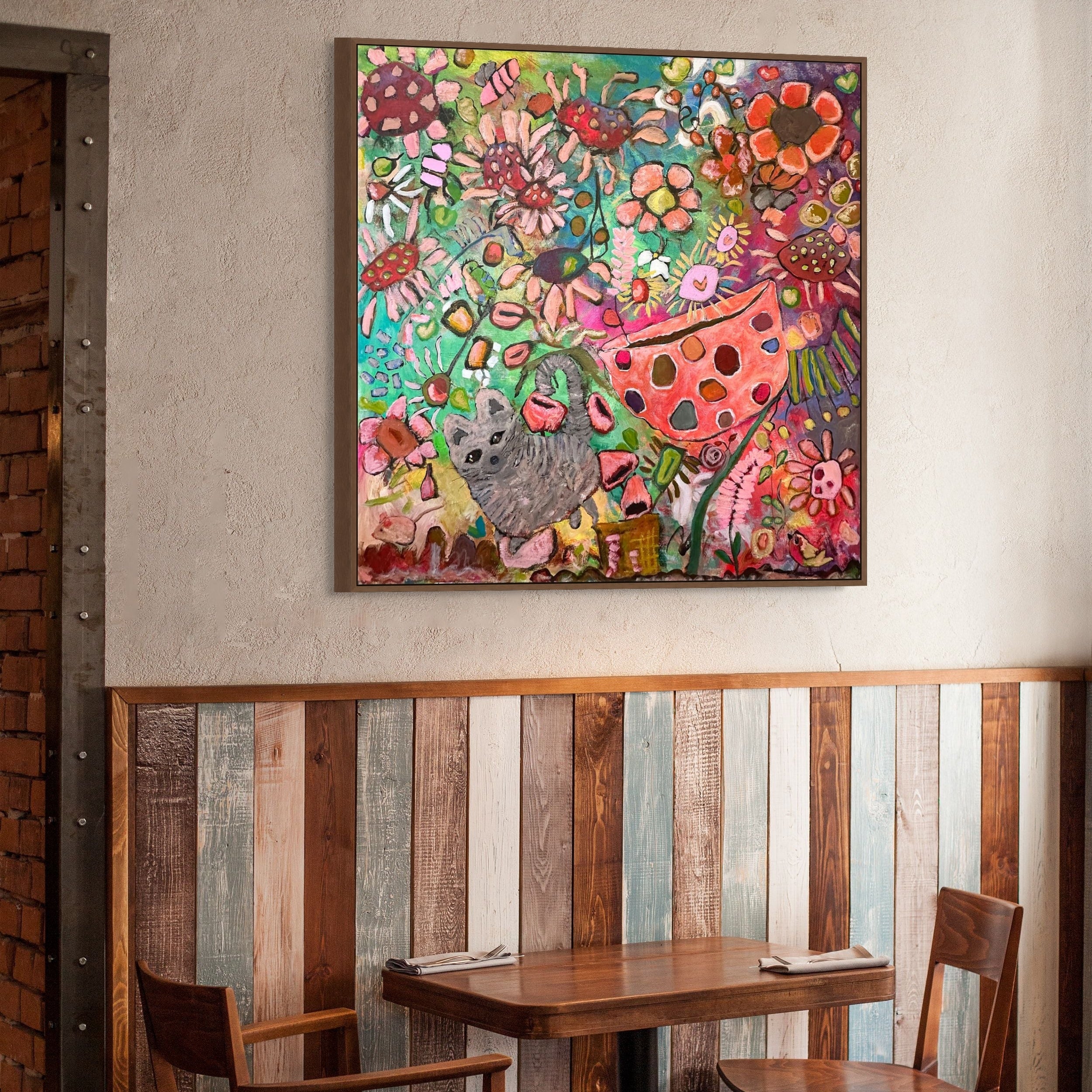 French inspired vibrant floral abstract artwork with pink flowers, whimsical details and joyful colours by Kerry Munns.