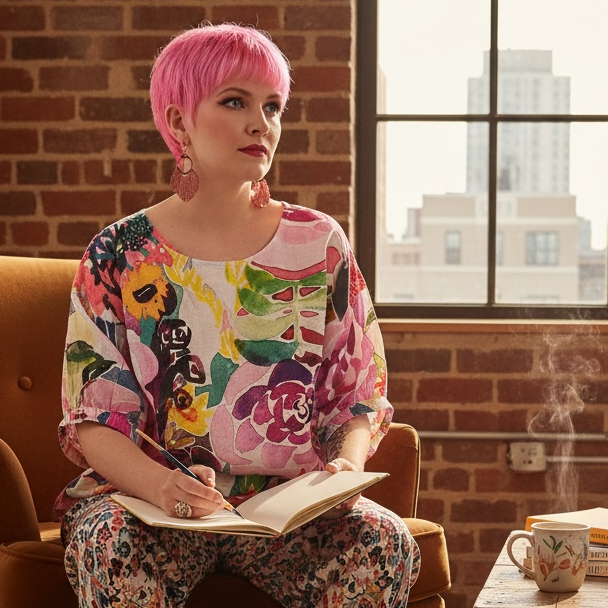 Jeunesse wearable art linen top featuring painterly garden floral artwork by Kerry Munns