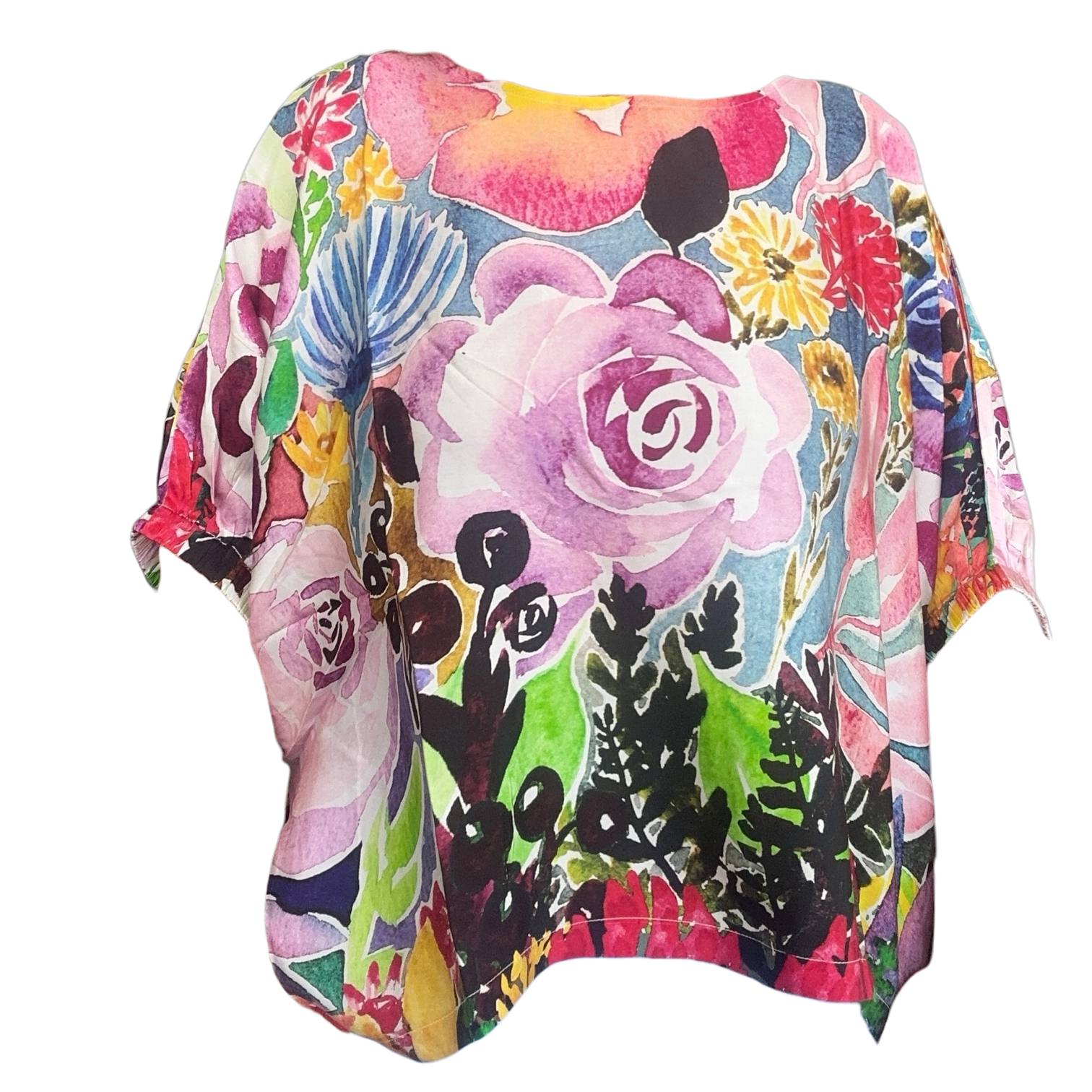 Jeunesse wearable art silk top featuring painterly garden floral artwork by Kerry Munns