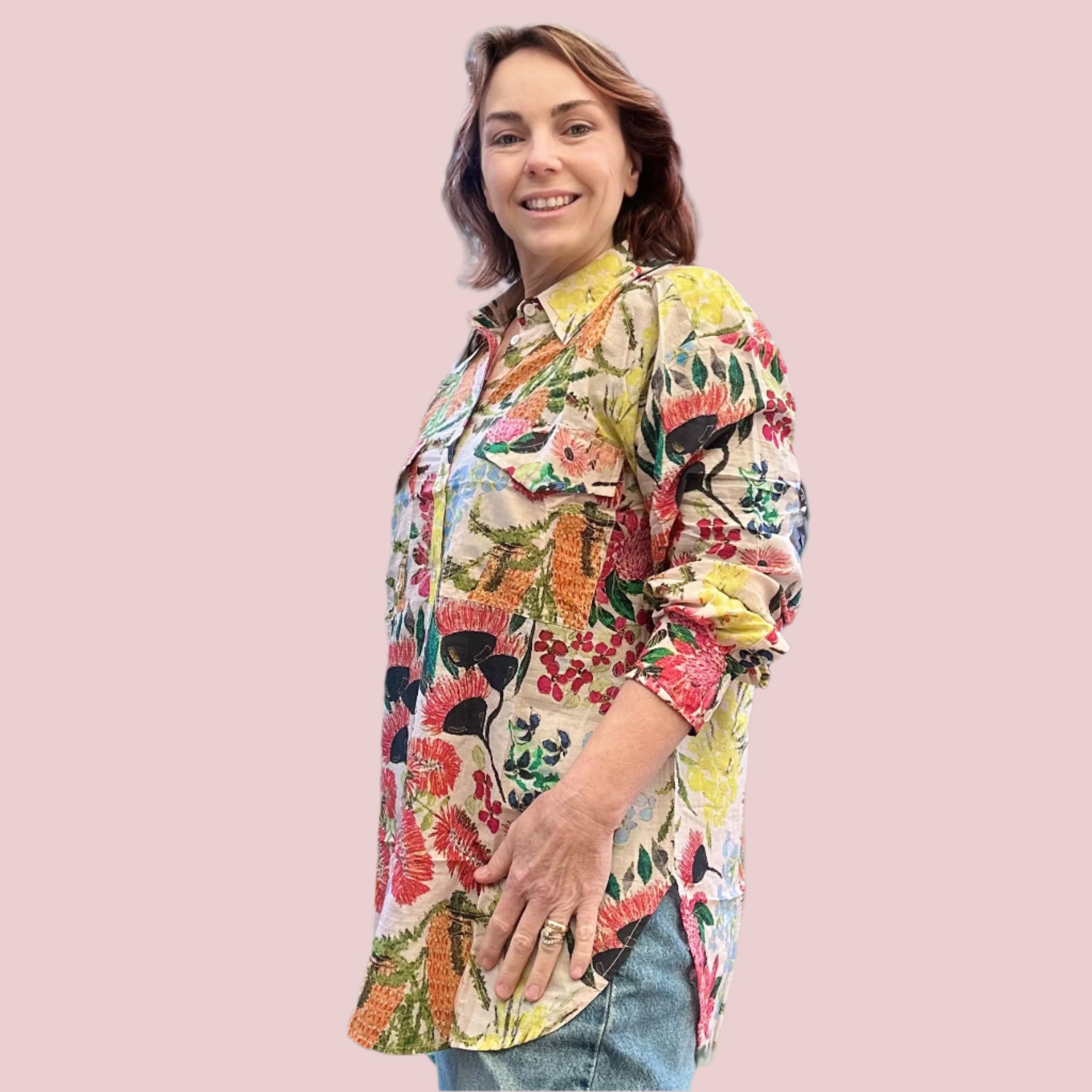 Warm-toned hand-painted shirt in sunset hues – expressive wearable art for creative women