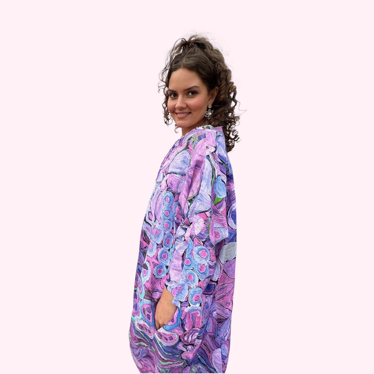 Handmade wearable art dress featuring a vibrant floral fusion, original women’s fashion statement side view
