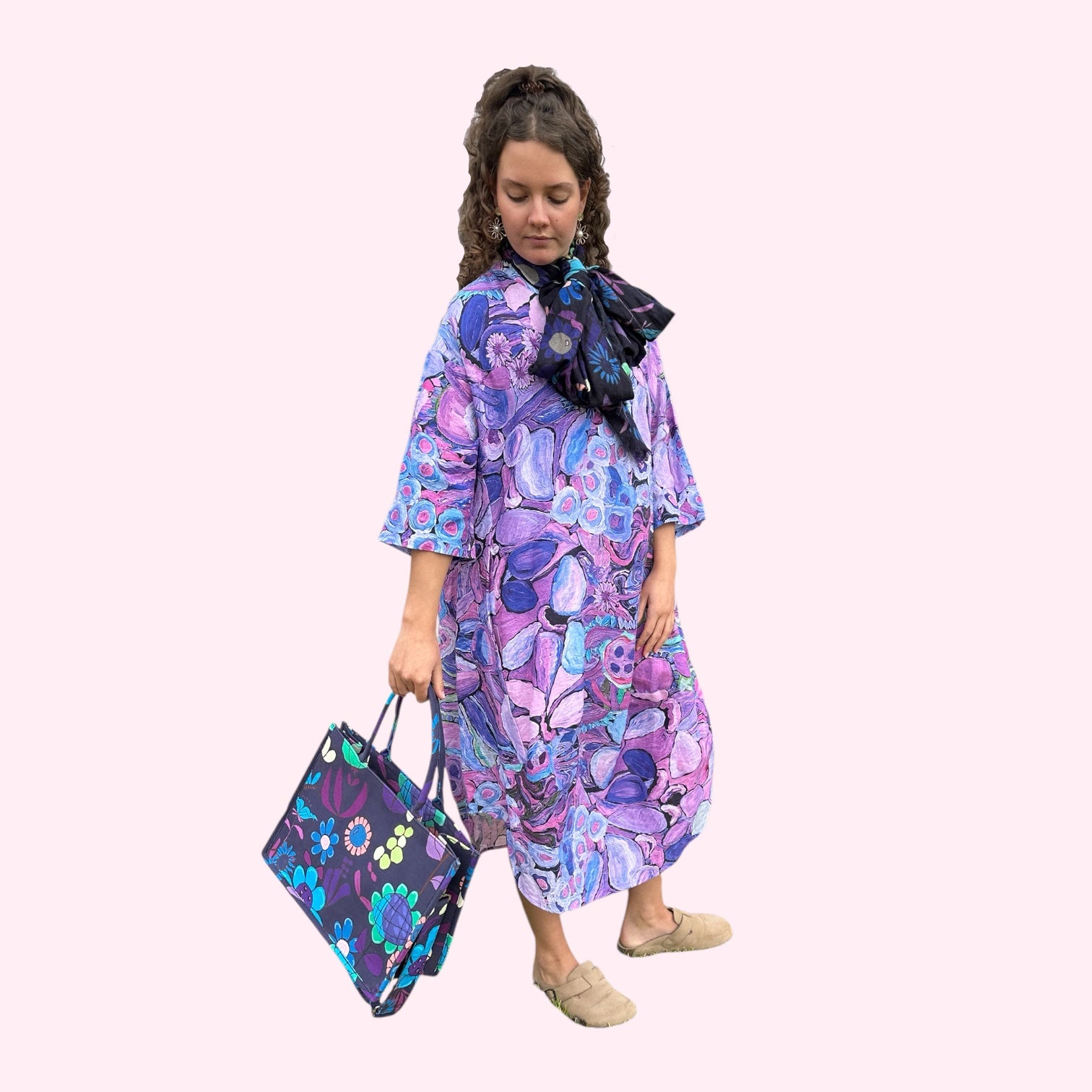 Handmade wearable art dress featuring a vibrant floral fusion, original women’s fashion statement