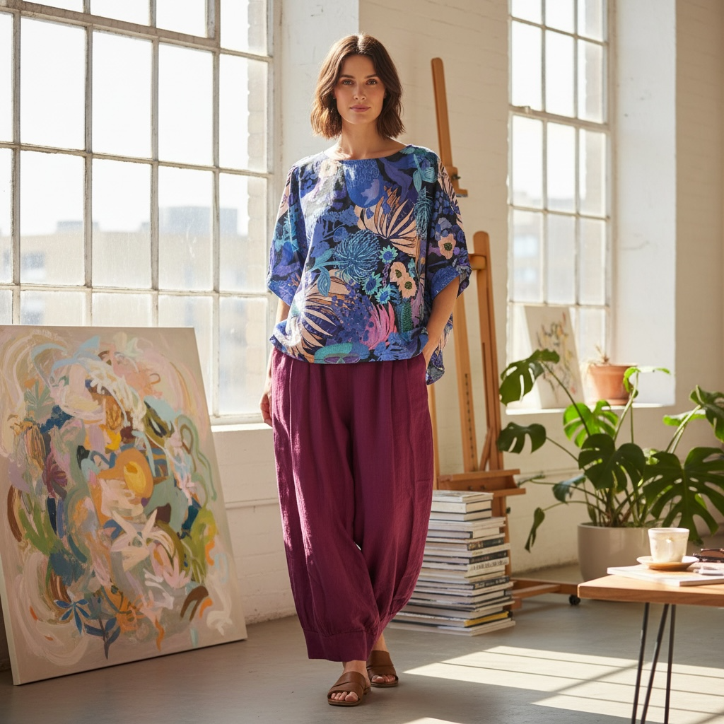 Indigo botanical Jeunesse linen top with artistic floral print by Kerry Munns