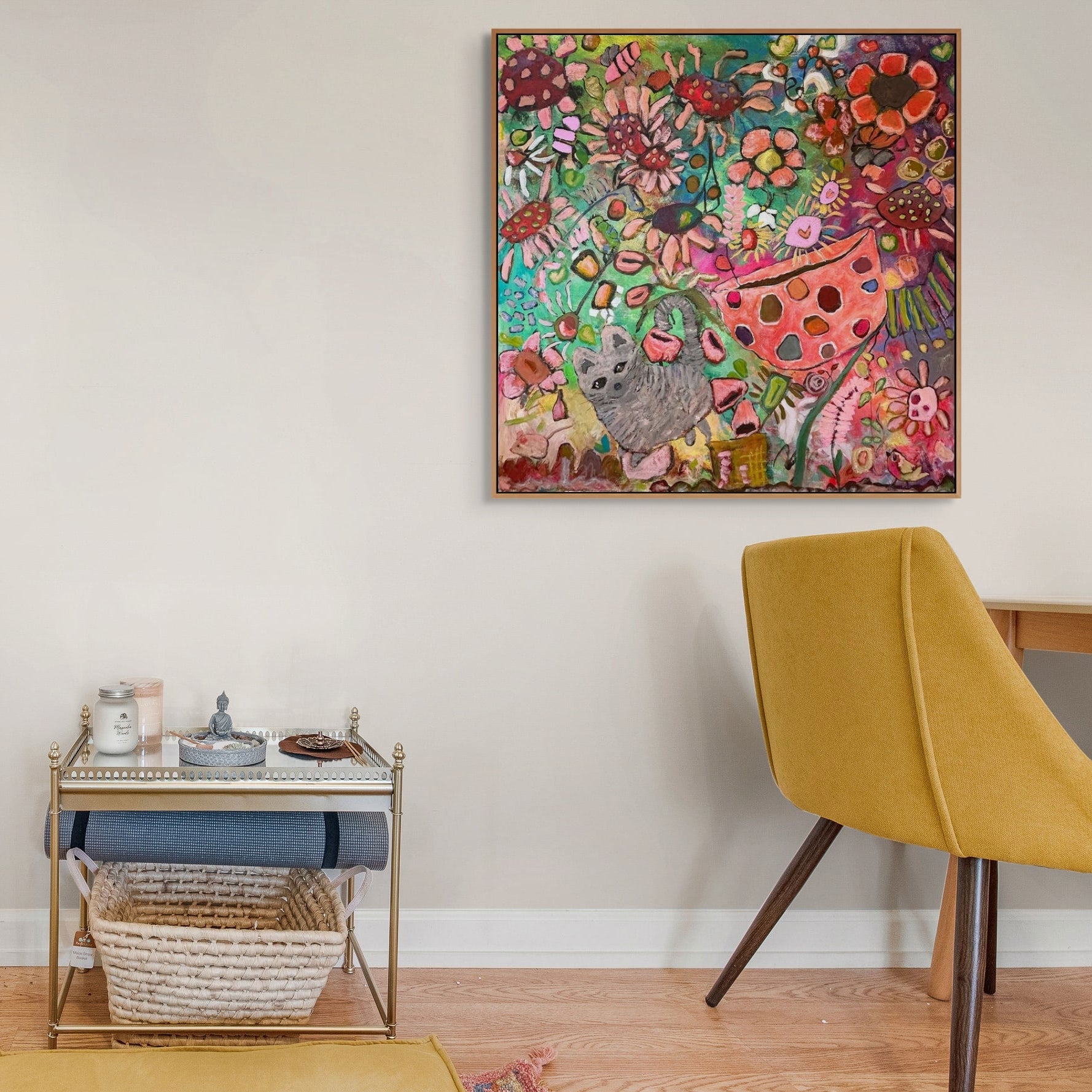 Colourful whimsical floral abstract painting titled Jardin de Joie by Australian artist Kerry Munns featuring flowers, hearts and playful garden imagery.