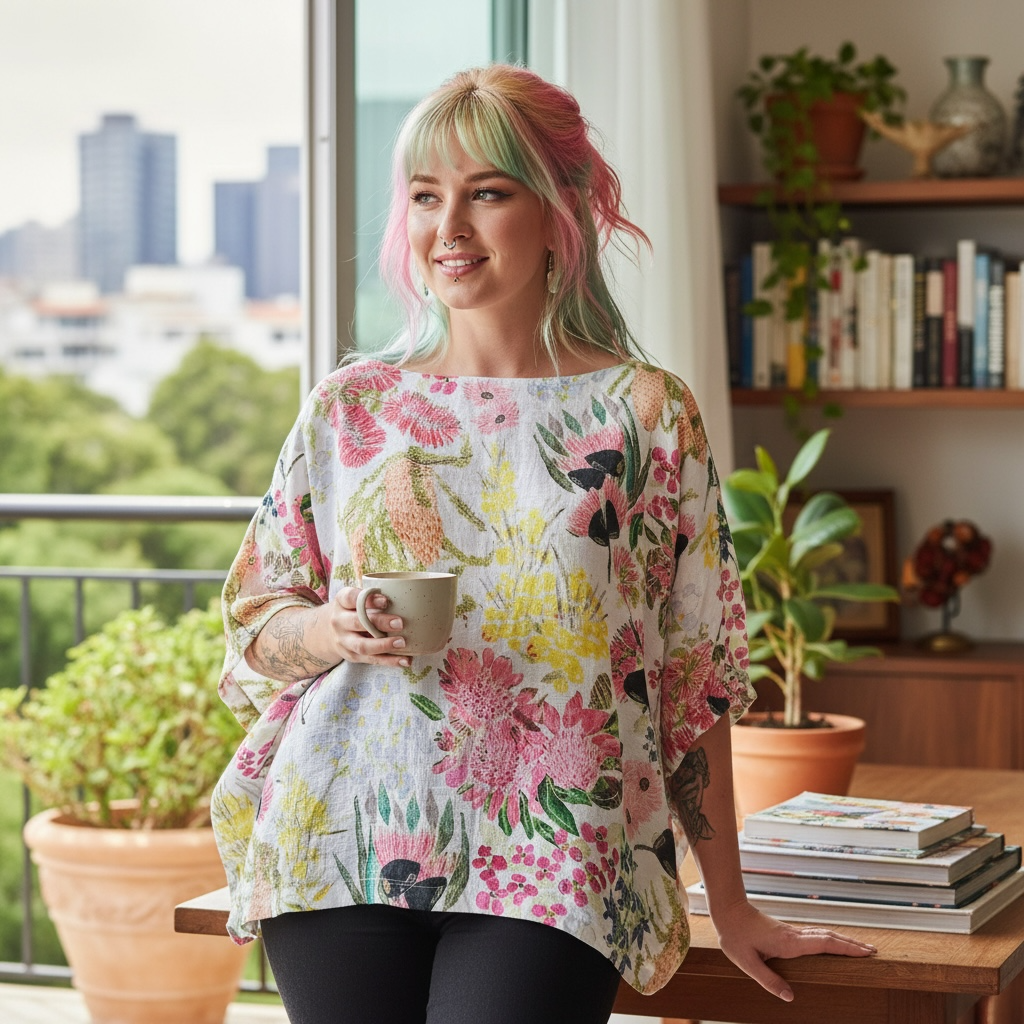 Jeunesse linen top featuring Australian native botanical artwork printed on breathable linen