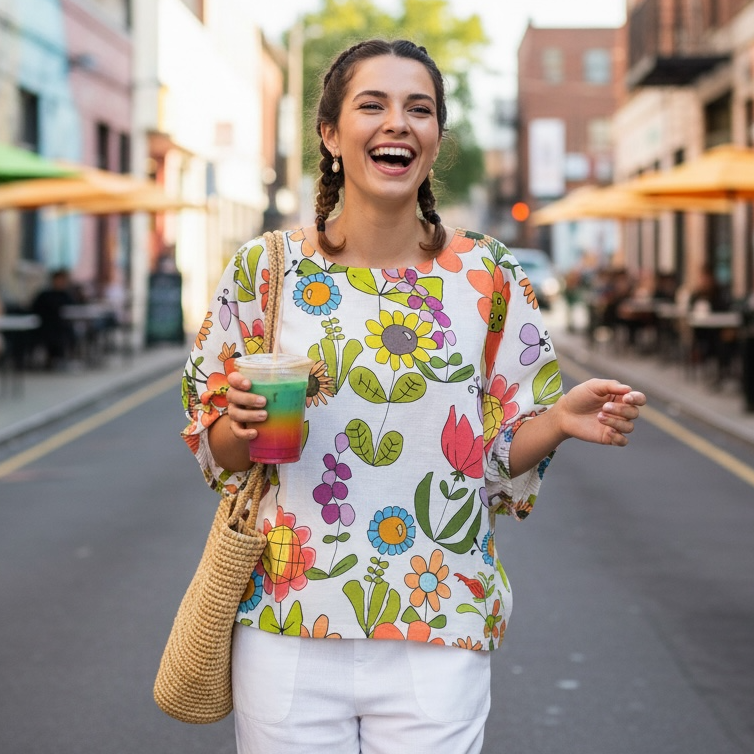 Jeunesse wearable art linen top featuring whimsical colourful floral illustration design by Kerry Munns