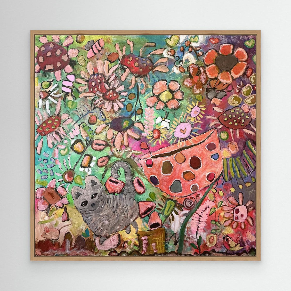 Kerry Munns Artlife Jardin de Joie abstract acrylic painting featuring vibrant florals, hearts, and a cat in a frame.
