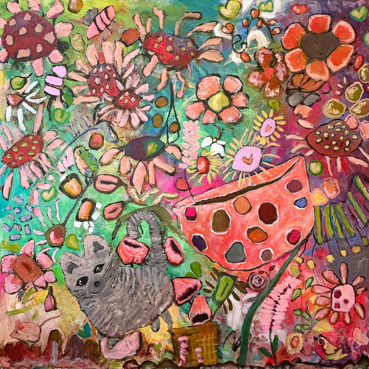 Kerry Munns Artlife Jardin de Joie abstract acrylic painting featuring vibrant florals, hearts, and a grey cat.