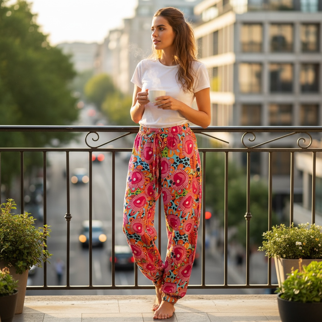 Elevated sporty luxe silk pants with original artwork by Kerry Munns, created as slow fashion wearable art for modern women in Mrs Pearl design
