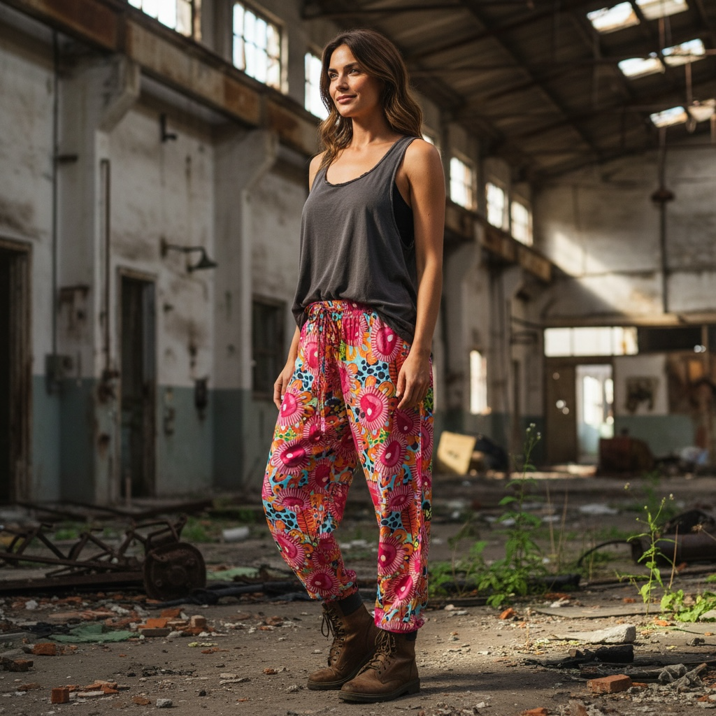 Elevated sporty luxe silk pants with original artwork by Kerry Munns, created as slow fashion wearable art for modern women